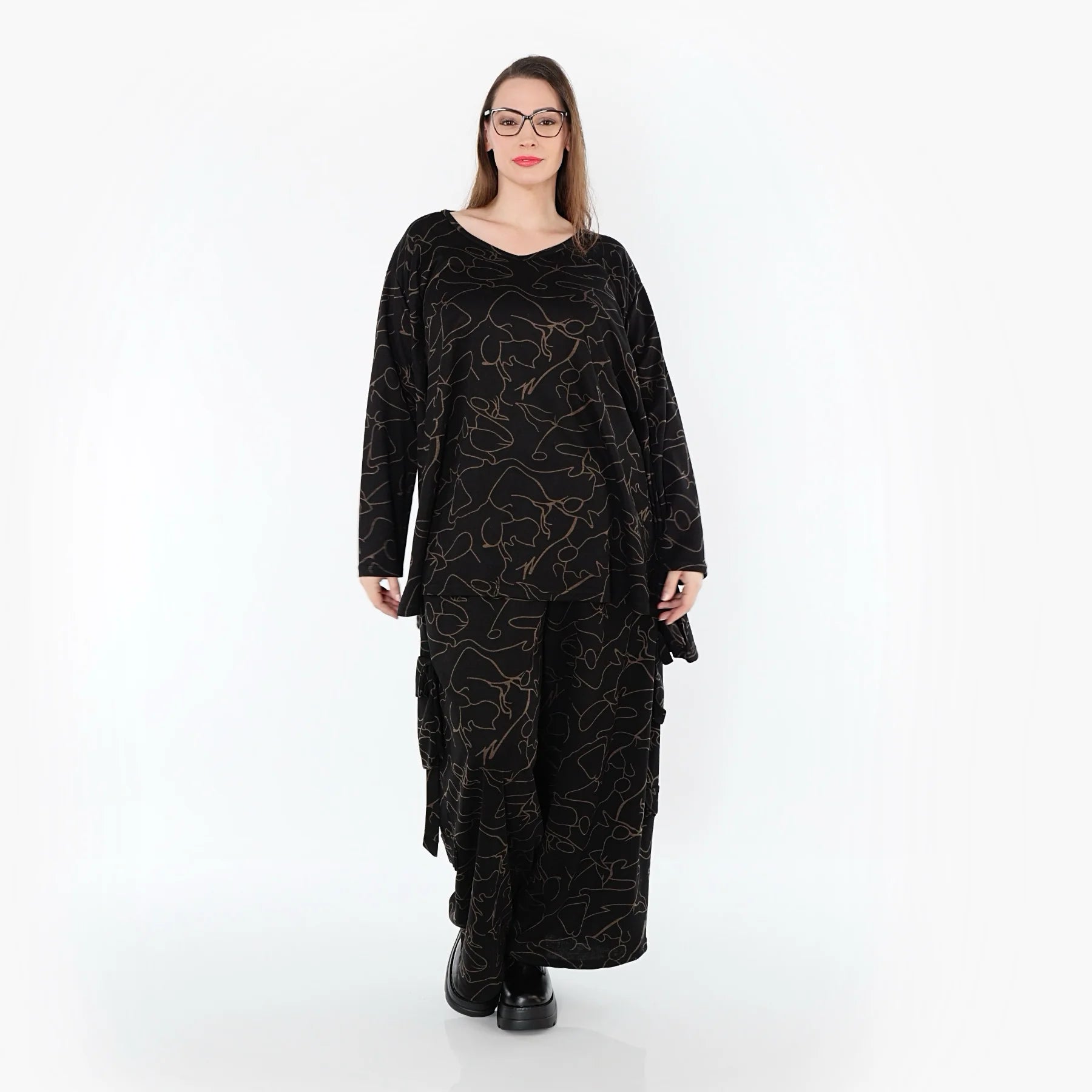  A-Form Bigshirt von AKH Fashion aus Viskose, 1545.00593, Schwarz/Braun, Kringel, Ausgefallen
