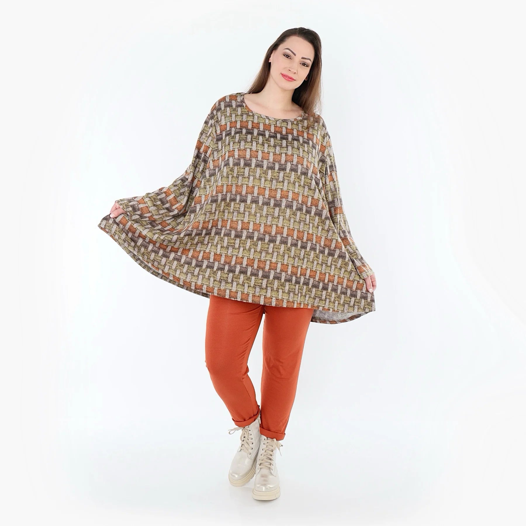  A-Form Bigshirt von AKH Fashion aus Materialmix, 1550.00593, Grau/Orange/Grün, Blockstreifen