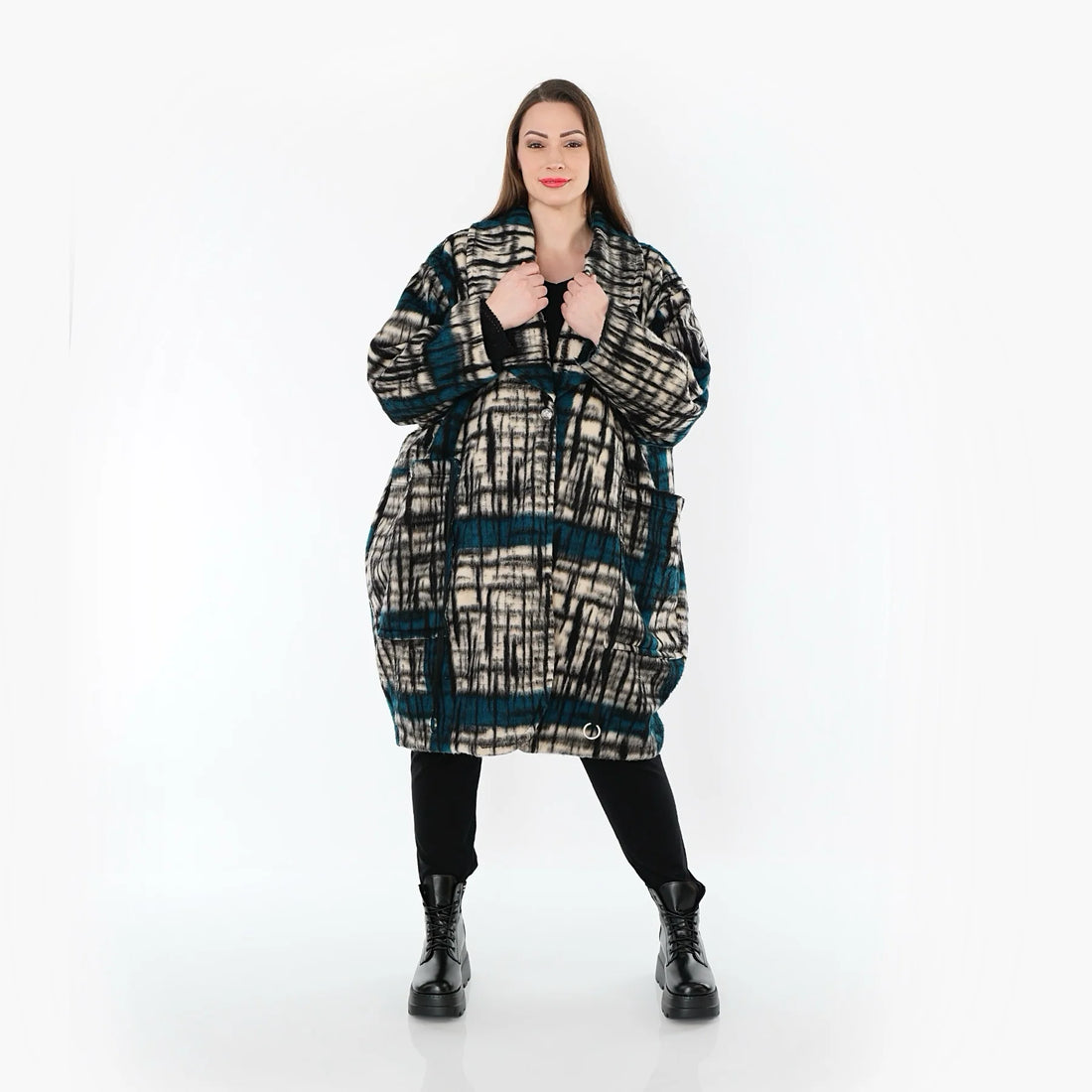  Ballonmantel von AKH Fashion aus Materialmix, 1553.07164, Schwarz/Ecru/Petrol, Kariert