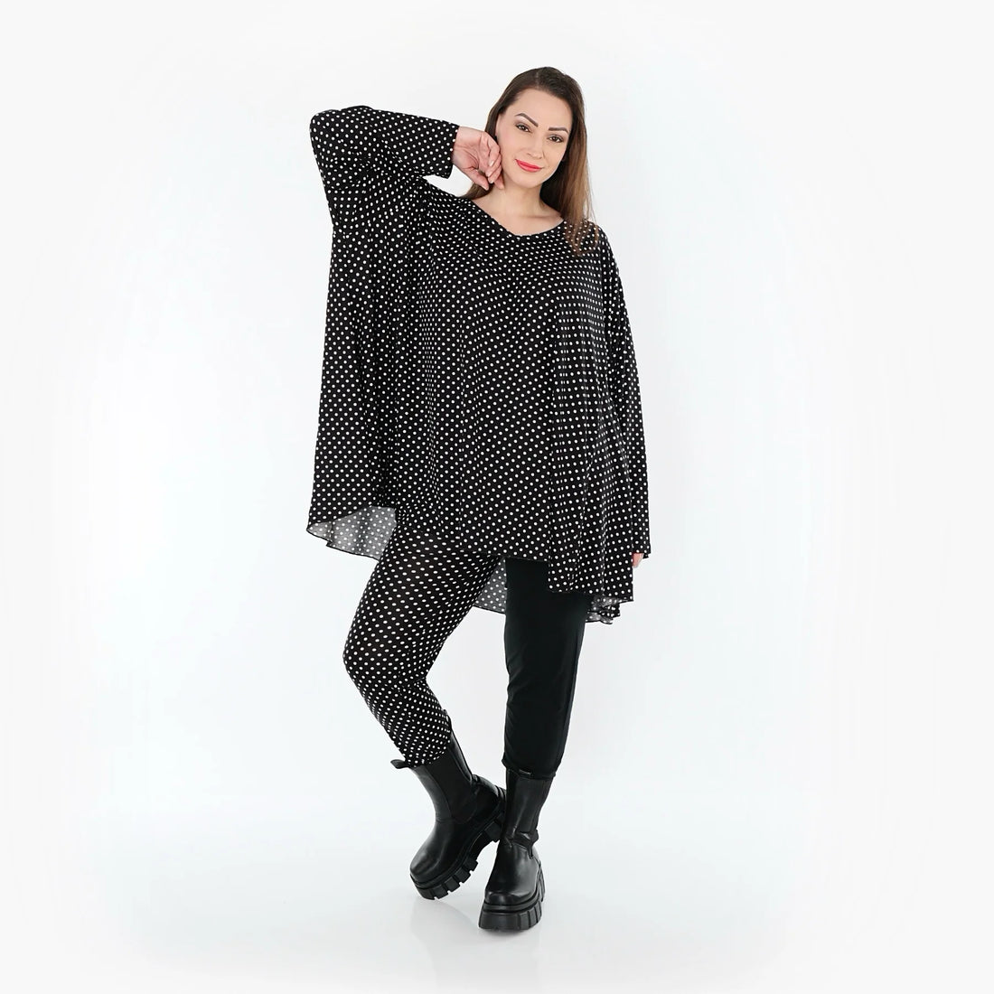  A-Form Bigshirt von AKH Fashion aus Viskose, 1557.00593, Schwarz/Weiß, Punkte, Ausgefallen