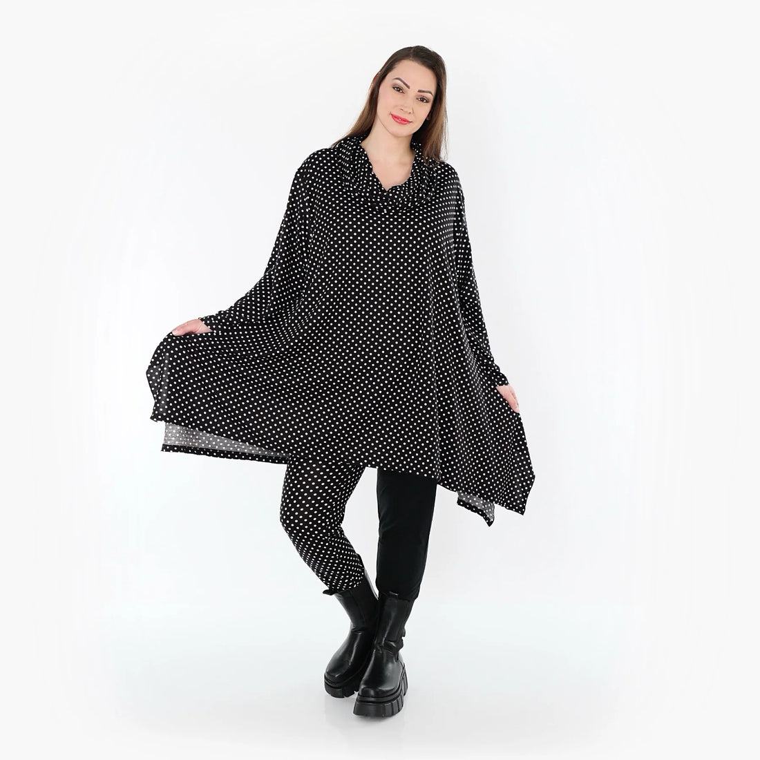  A-Form Bigshirt von AKH Fashion aus Viskose, 1557.03371, Schwarz/Weiß, Punkte, Ausgefallen