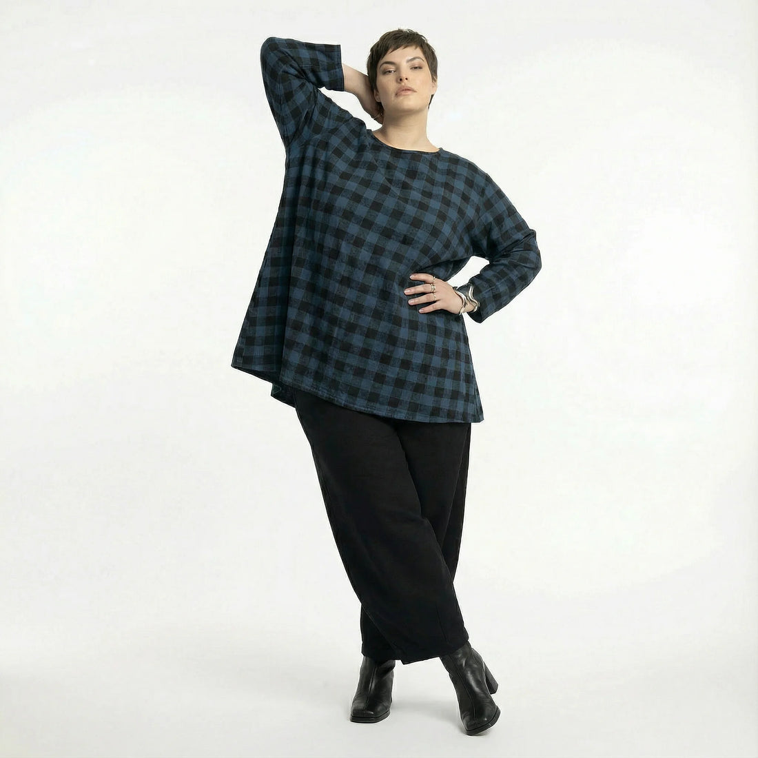  A-Form Bigshirt von AKH Fashion aus Polyester, 1562.00593, Blau/Schwarz, Kariert, Schick