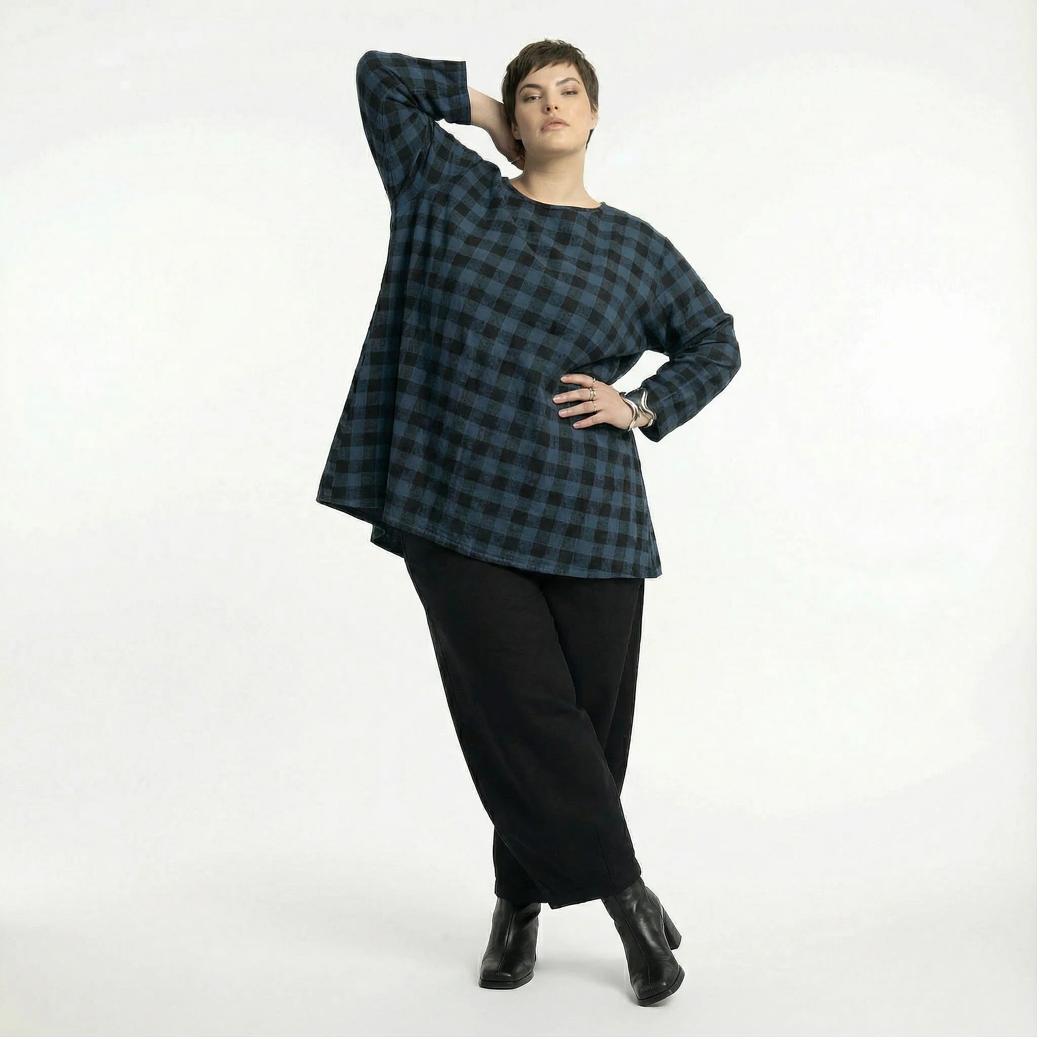  A-Form Bigshirt von AKH Fashion aus Polyester, 1562.00593, Blau/Schwarz, Kariert, Schick