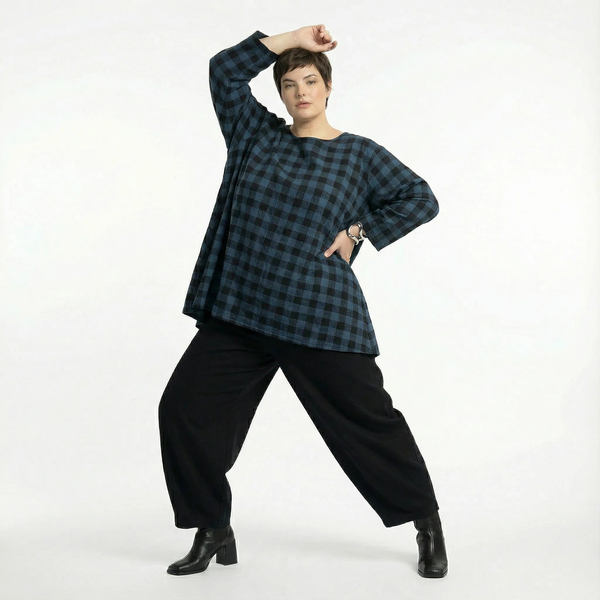  A-Form Bigshirt von AKH Fashion aus Polyester, 1562.00593, Blau/Schwarz, Kariert, Schick