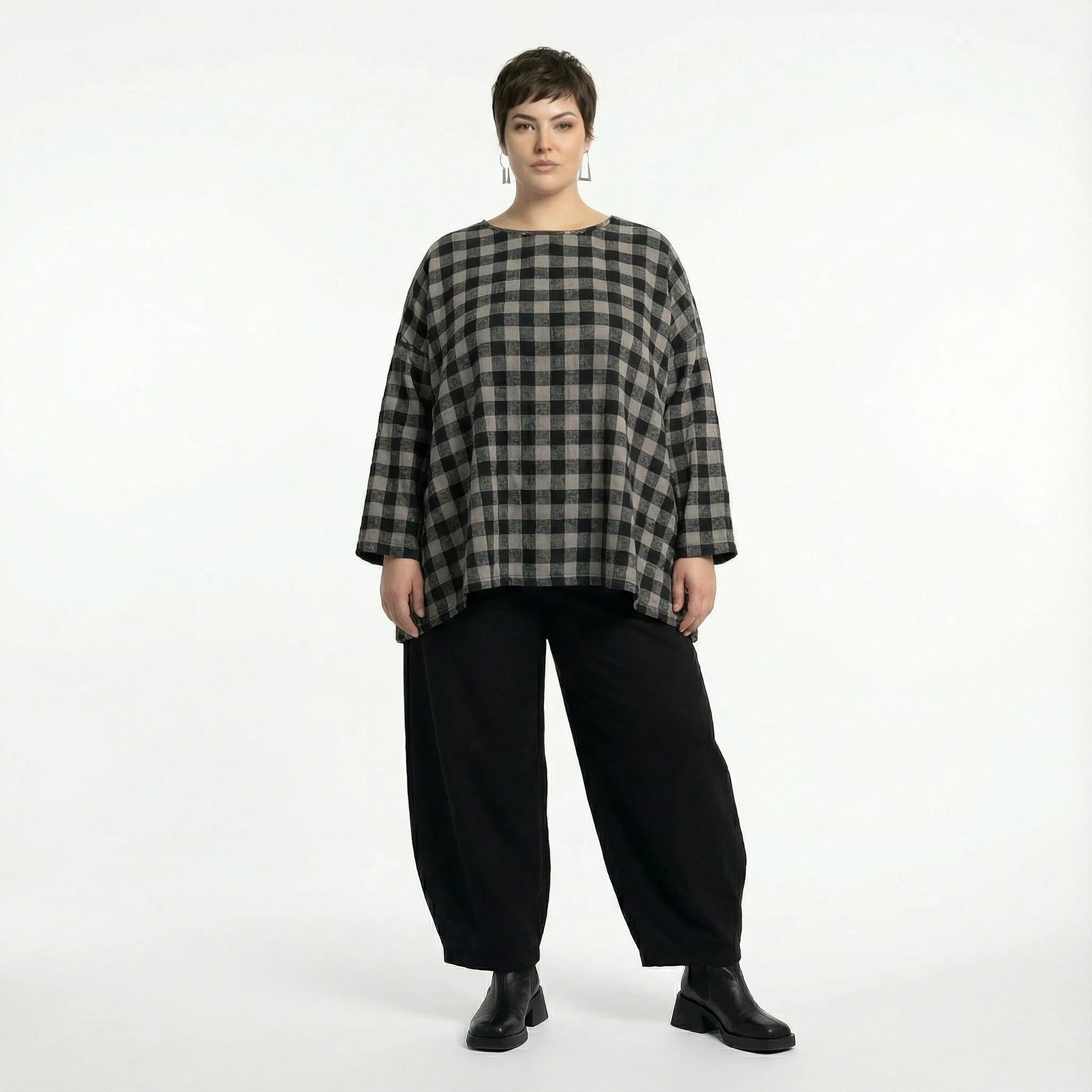  A-Form Bigshirt von AKH Fashion aus Polyester, 1562.00593, Grau/Schwarz, Kariert, Schick