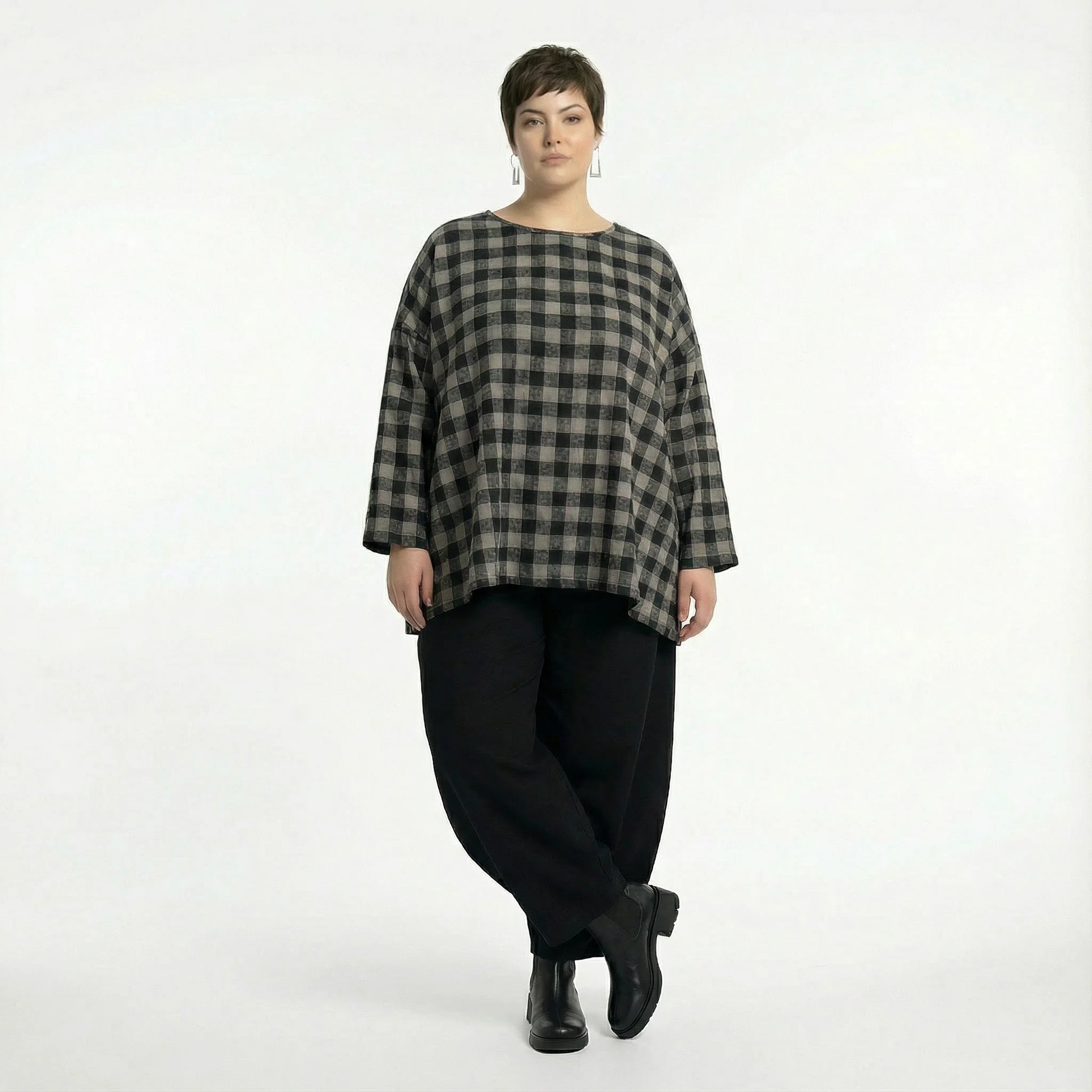  A-Form Bigshirt von AKH Fashion aus Polyester, 1562.00593, Grau/Schwarz, Kariert, Schick