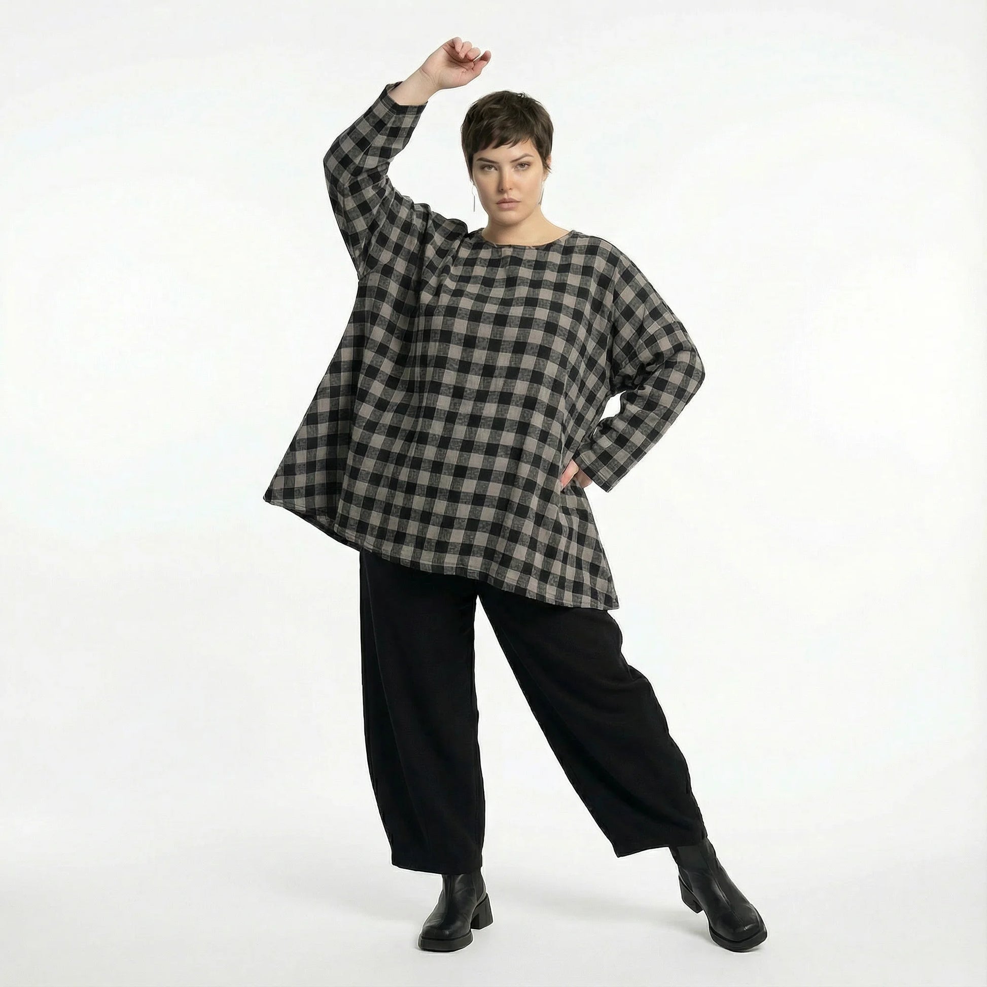  A-Form Bigshirt von AKH Fashion aus Polyester, 1562.00593, Grau/Schwarz, Kariert, Schick