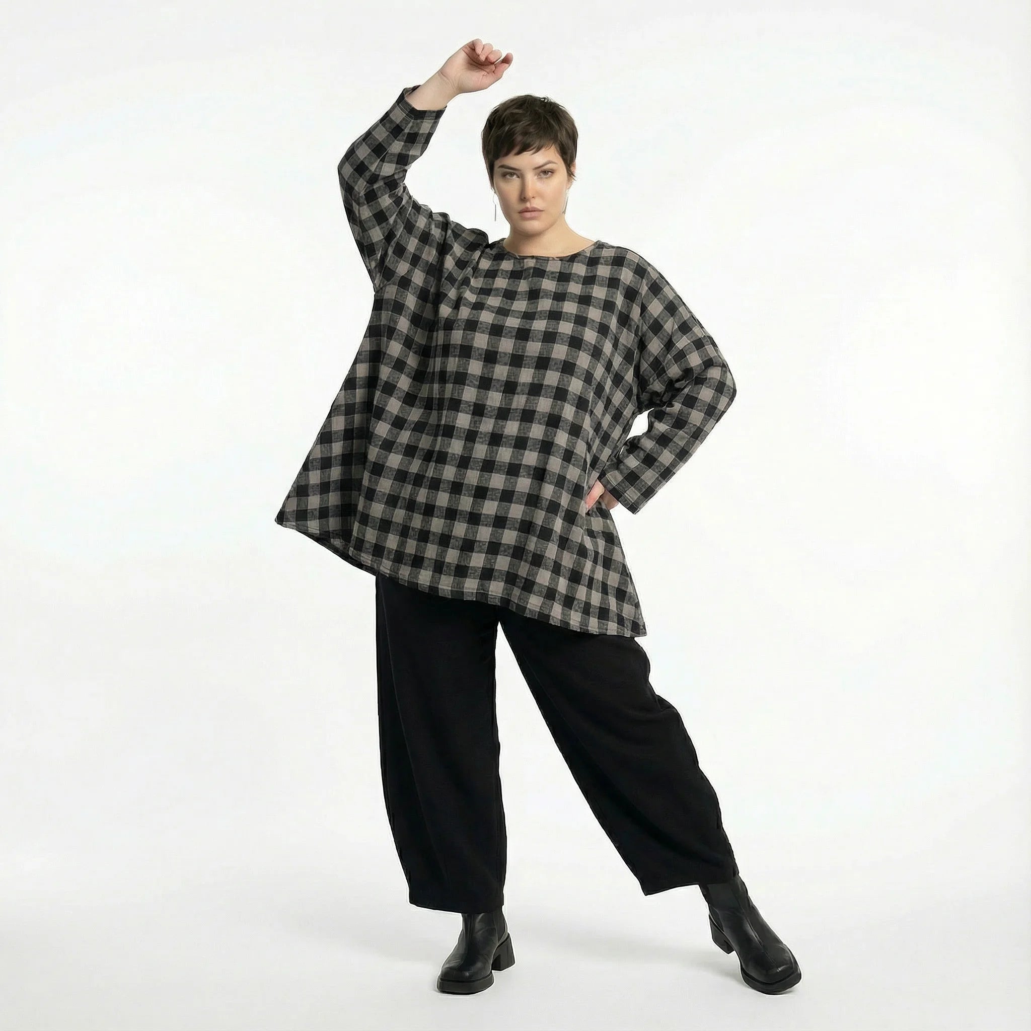  A-Form Bigshirt von AKH Fashion aus Polyester, 1562.00593, Grau/Schwarz, Kariert, Schick