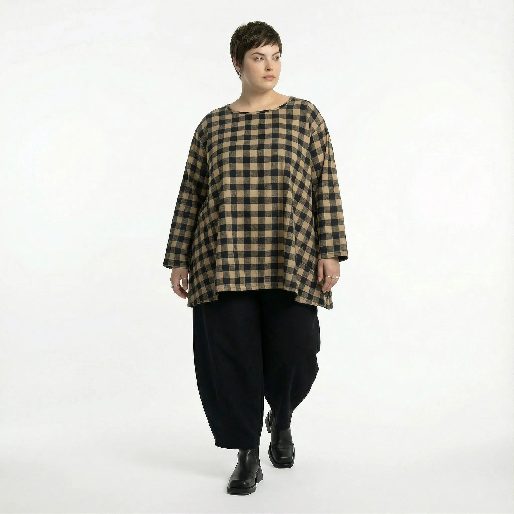  A-Form Bigshirt von AKH Fashion aus Polyester, 1562.00593, Sand/Schwarz, Kariert, Schick