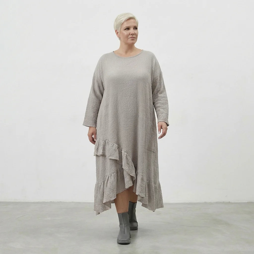  AKH Fashion Kleid in asymmetrischer Form, aus Baumwolle, 1573.07024, Beige, Kariert