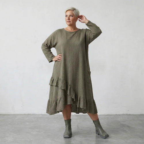  AKH Fashion Kleid in asymmetrischer Form, aus Baumwolle, 1573.07024, Khaki, Kariert