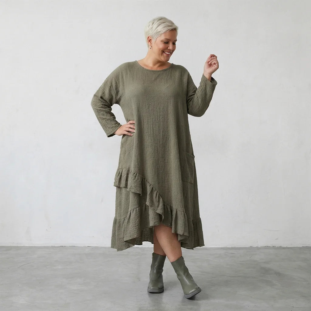 AKH Fashion Kleid in asymmetrischer Form, aus Baumwolle, 1573.07024, Khaki, Kariert