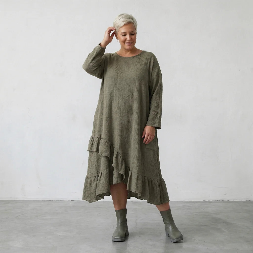 AKH Fashion Kleid in asymmetrischer Form, aus Baumwolle, 1573.07024, Khaki, Kariert