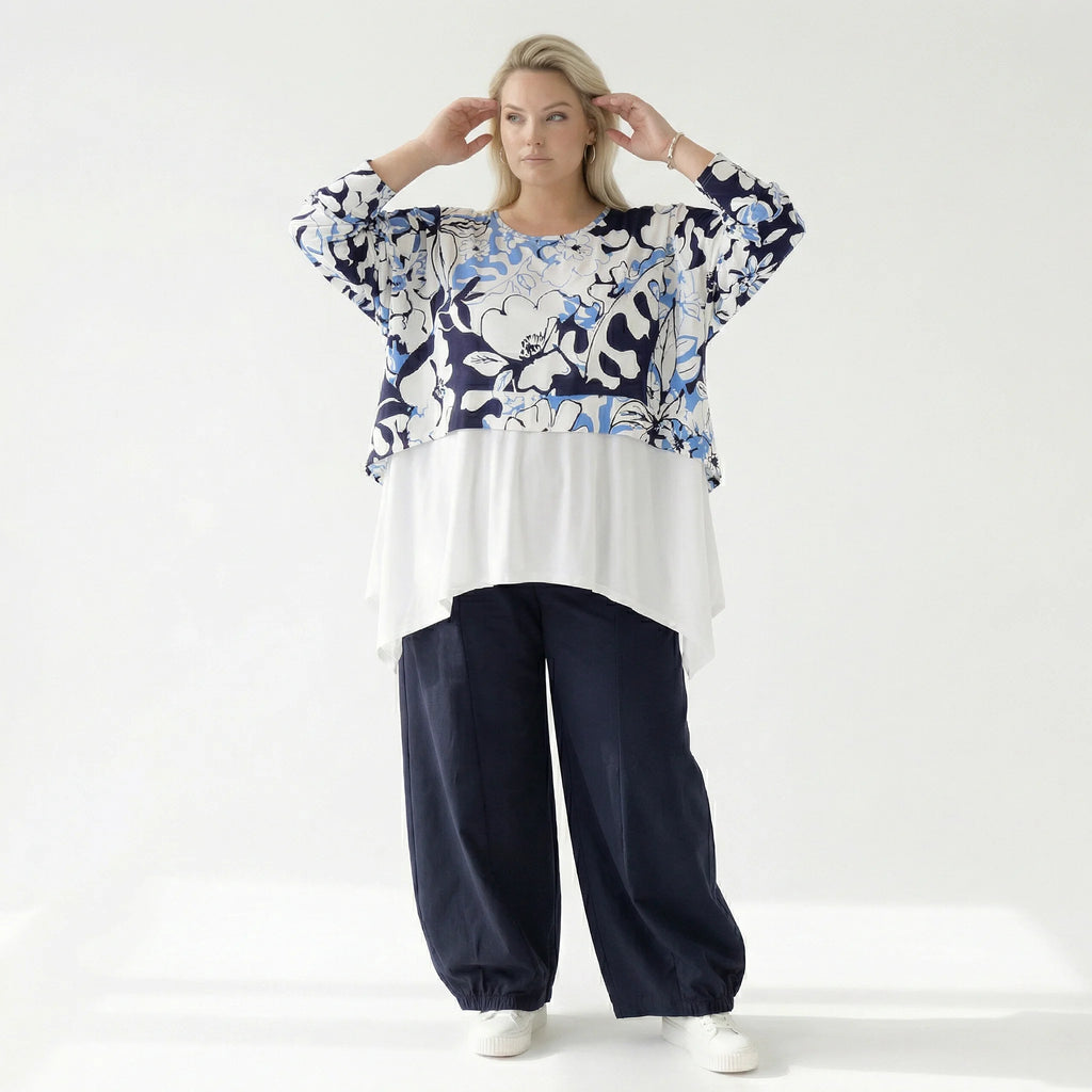  AKH Fashion Überwurf in kastiger Form, aus Viskose, 1574.07011, Weiß/Marine/Blau, Blumen