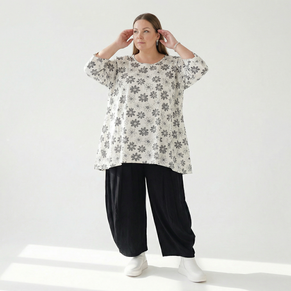  A-Form Bigshirt von AKH Fashion aus Viskose, 1575.00593, Weiß/Schwarz, Blumen, Ausgefallen