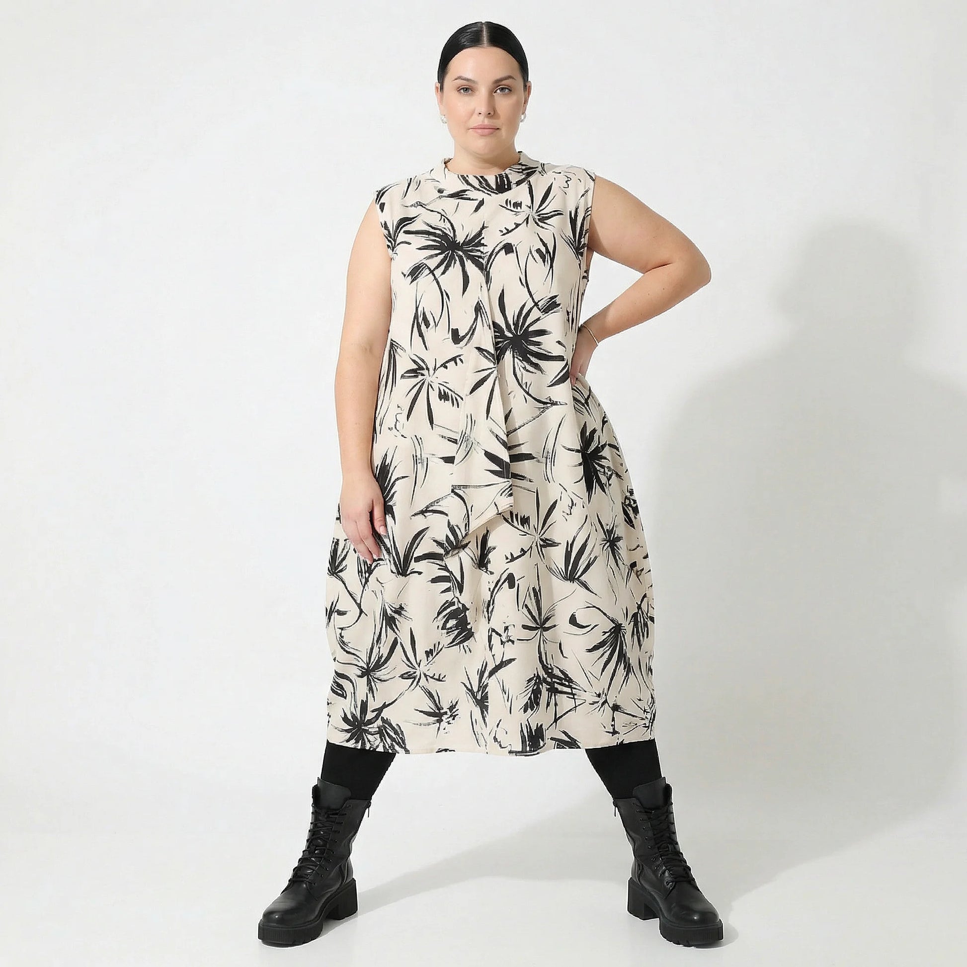 Ballonkleid von AKH Fashion aus Baumwolle, 1578.07072, Ecru/Schwarz, Blumen, Ausgefallen