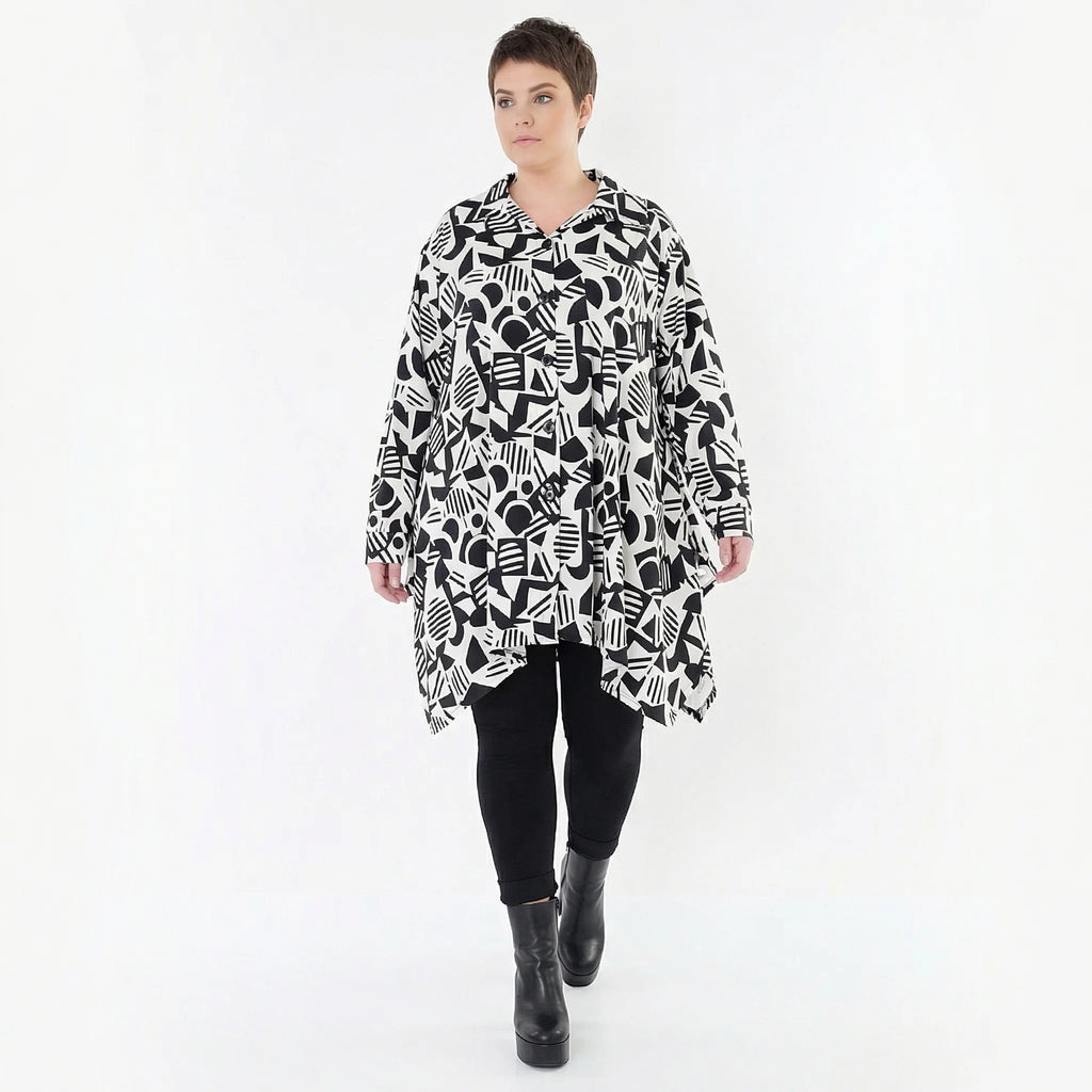 Ausgefallene Oversize Jacke im modernen Lagenlook mit stretchigem Traveller Material, Weiß/Schwarz