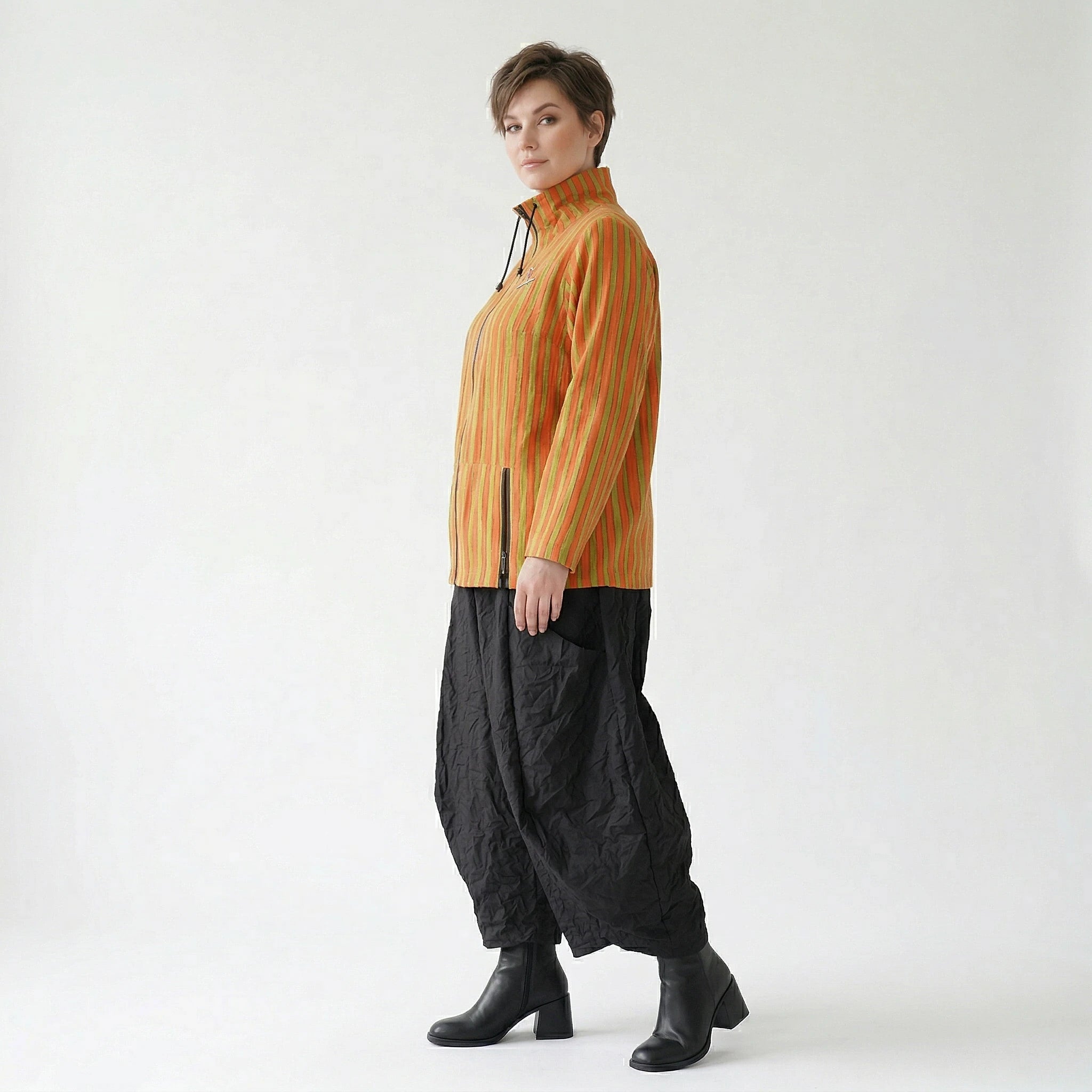 Luftige Oversize Jacke im Lagenlook aus Baumwolle und Viskose mit Blockstreifen, Orange/Apfelgrün
