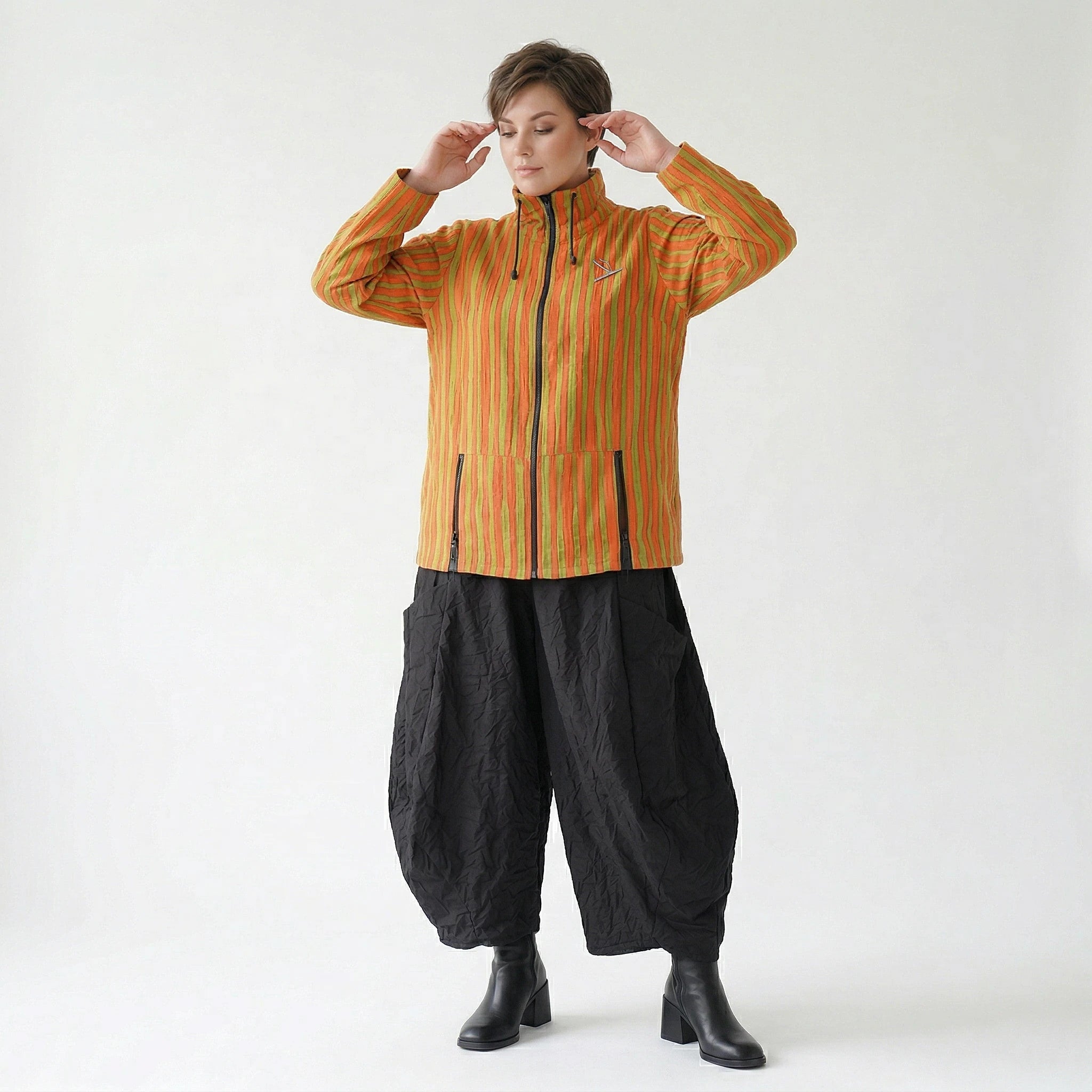 Luftige Oversize Jacke im Lagenlook aus Baumwolle und Viskose mit Blockstreifen, Orange/Apfelgrün