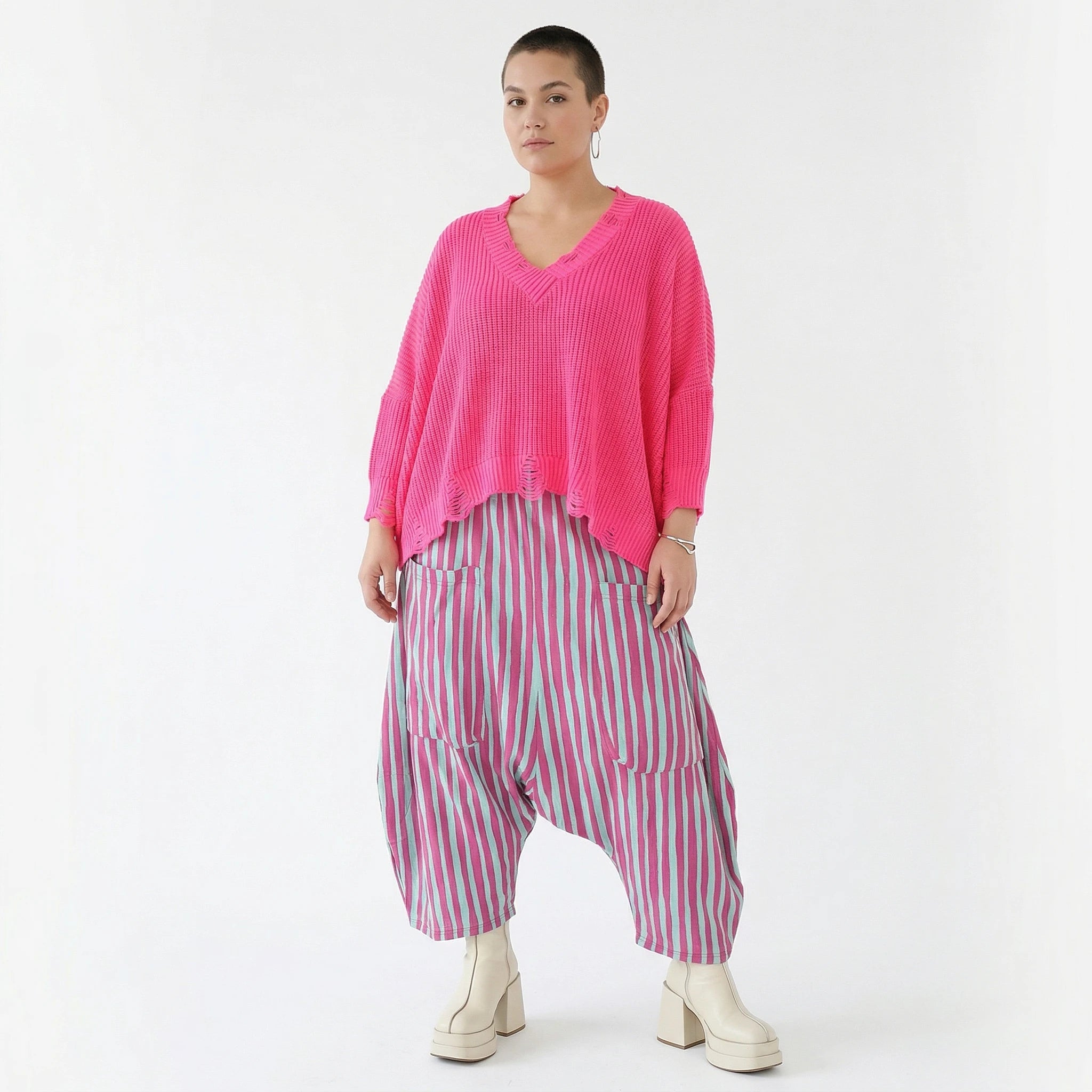Luftige Harem Hose im legeren Lagenlook mit tiefem Schritt und ausgefallenem Blockstreifen, Fuchsia/Mint