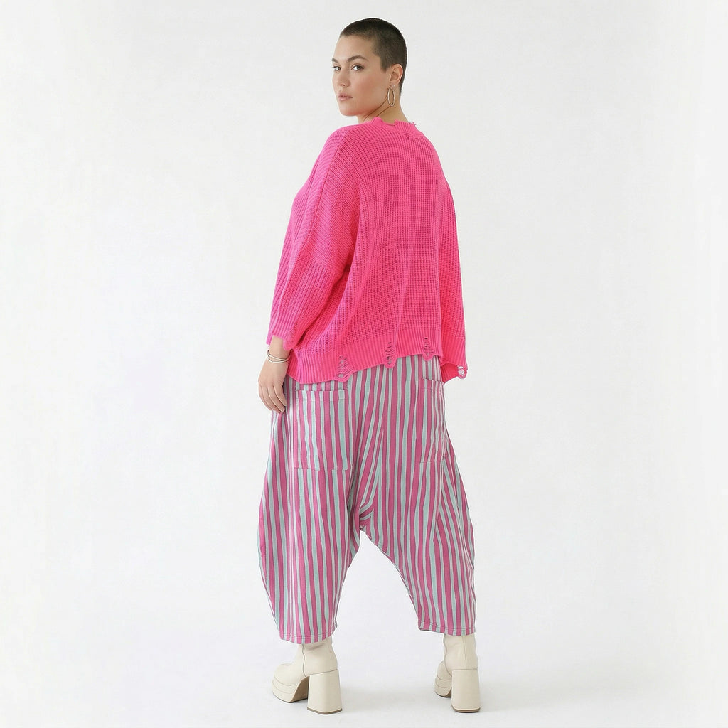Luftige Harem Hose im legeren Lagenlook mit tiefem Schritt und ausgefallenem Blockstreifen, Fuchsia/Mint