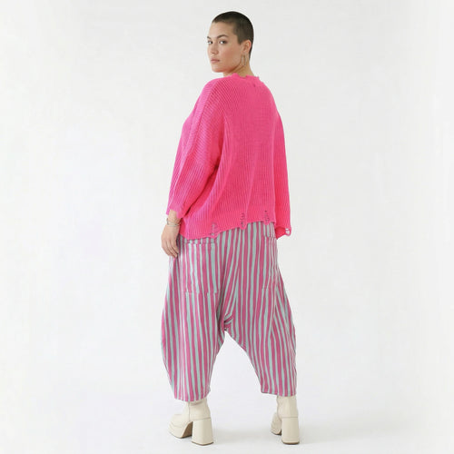 Luftige Harem Hose im legeren Lagenlook mit tiefem Schritt und ausgefallenem Blockstreifen, Fuchsia/Mint