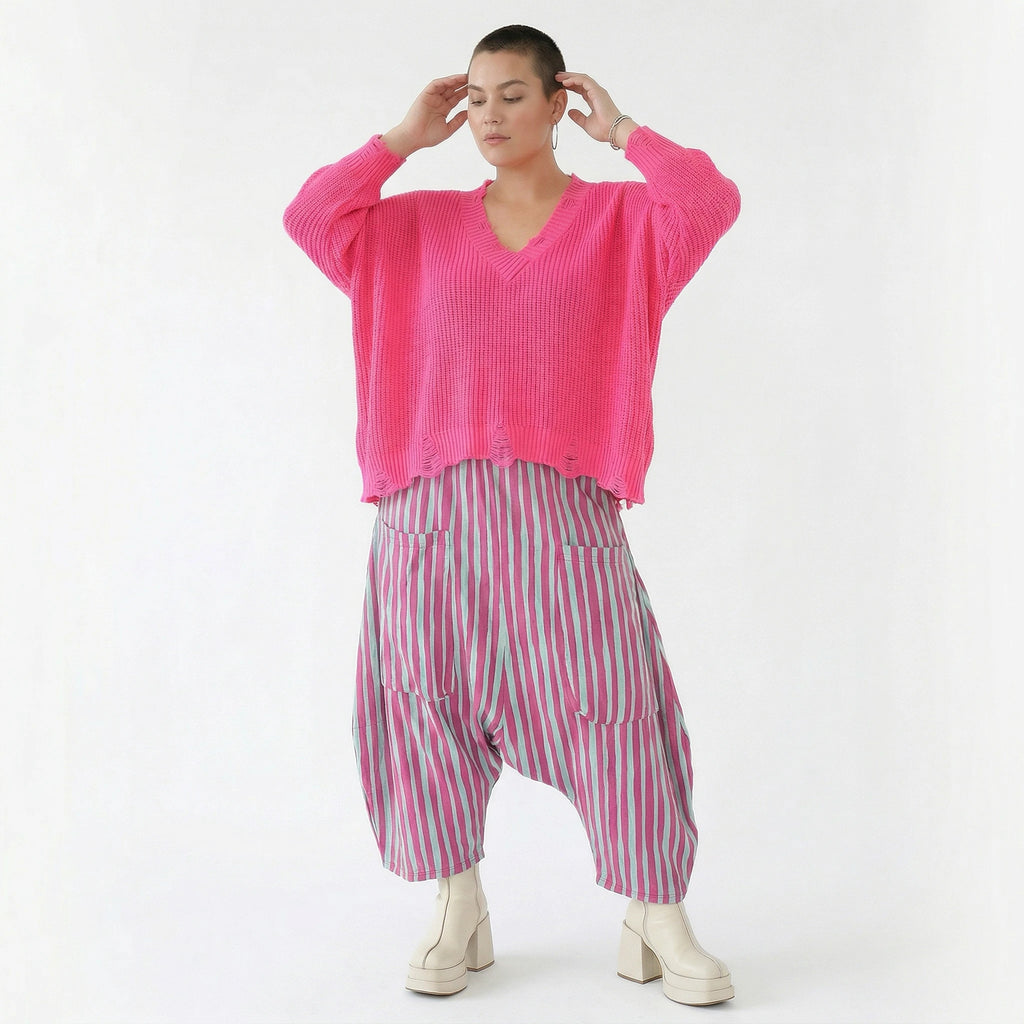 Luftige Harem Hose im legeren Lagenlook mit tiefem Schritt und ausgefallenem Blockstreifen, Fuchsia/Mint