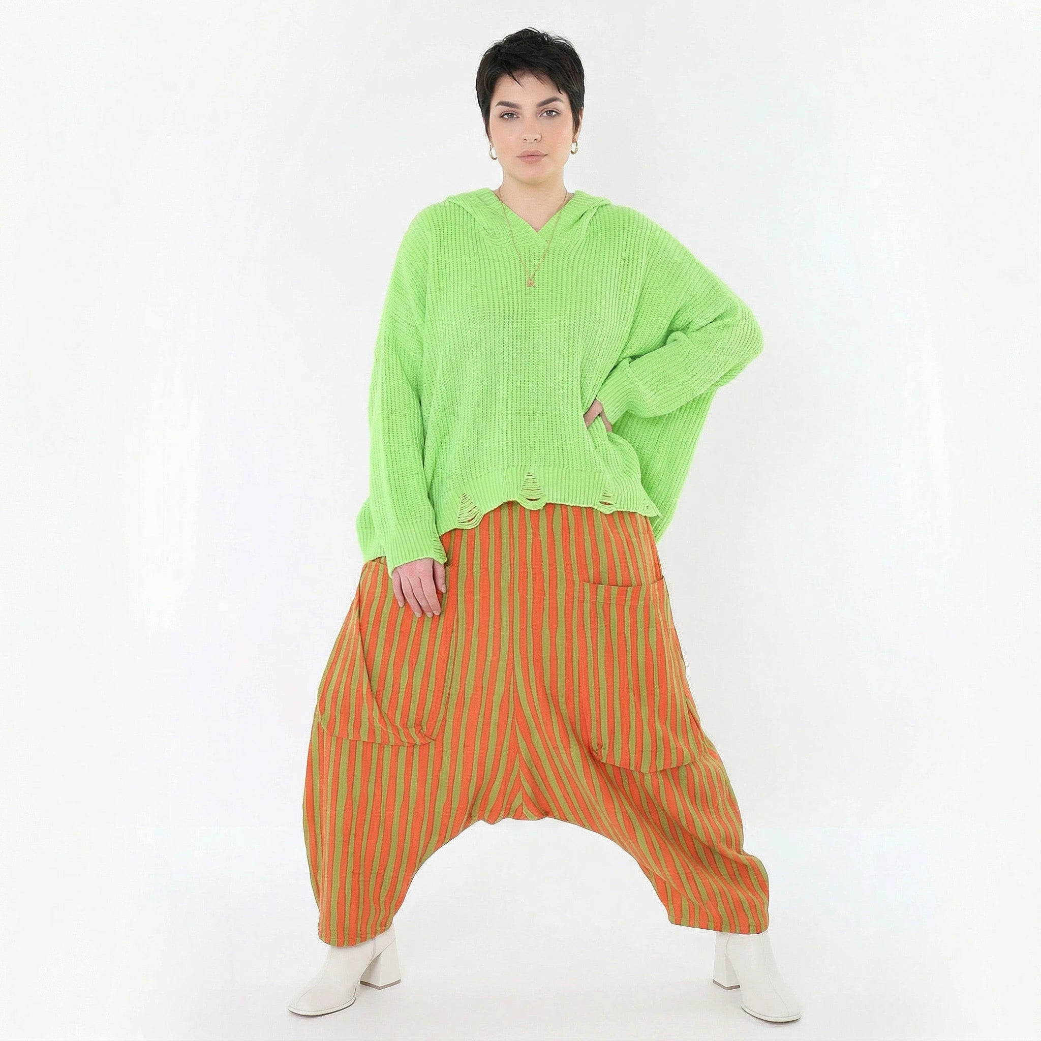 Leicht fließende Lagenlook Harem Hose mit Blockstreifen, luftigem Oversize Schnitt, Orange/Apfelgrün