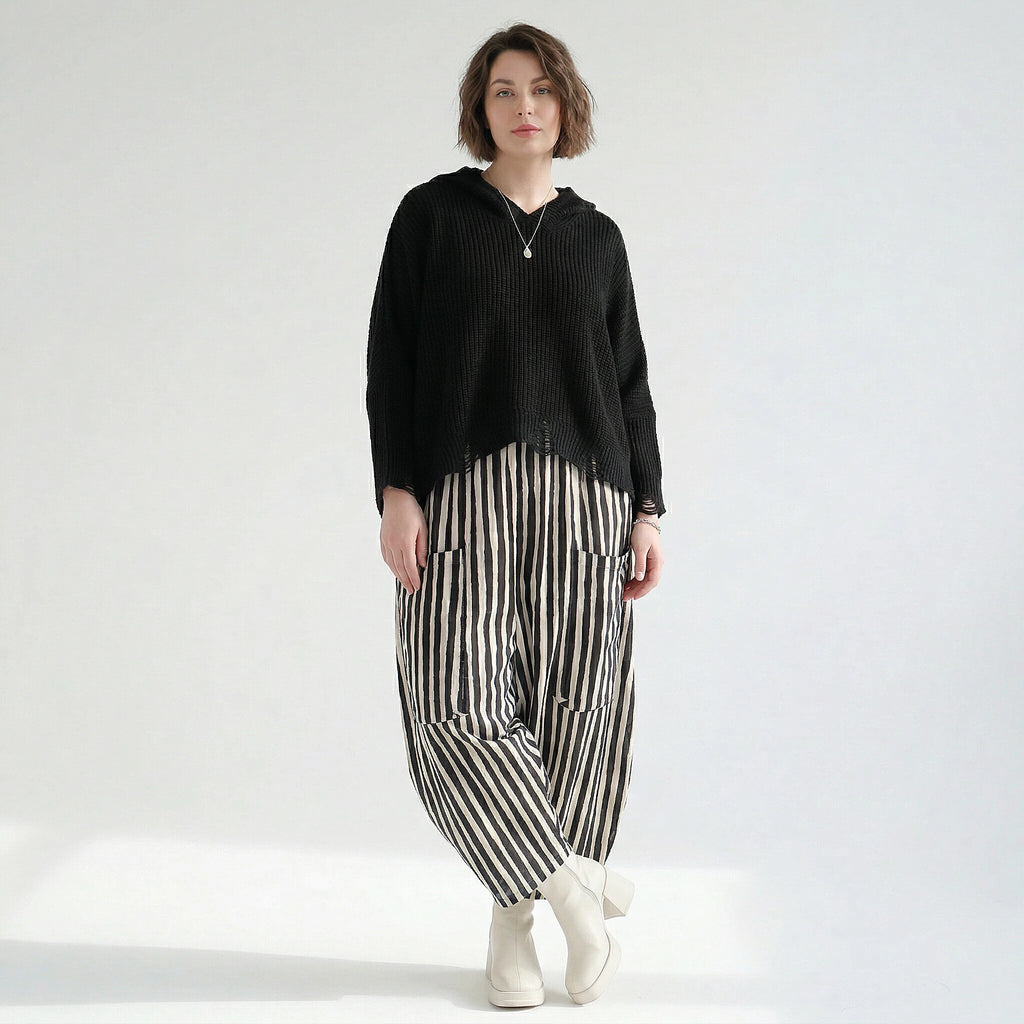 Luftige Haremhose mit tiefem Schritt, ausgefallenem Lagenlook und Blockstreifen, Schwarz/Weiß