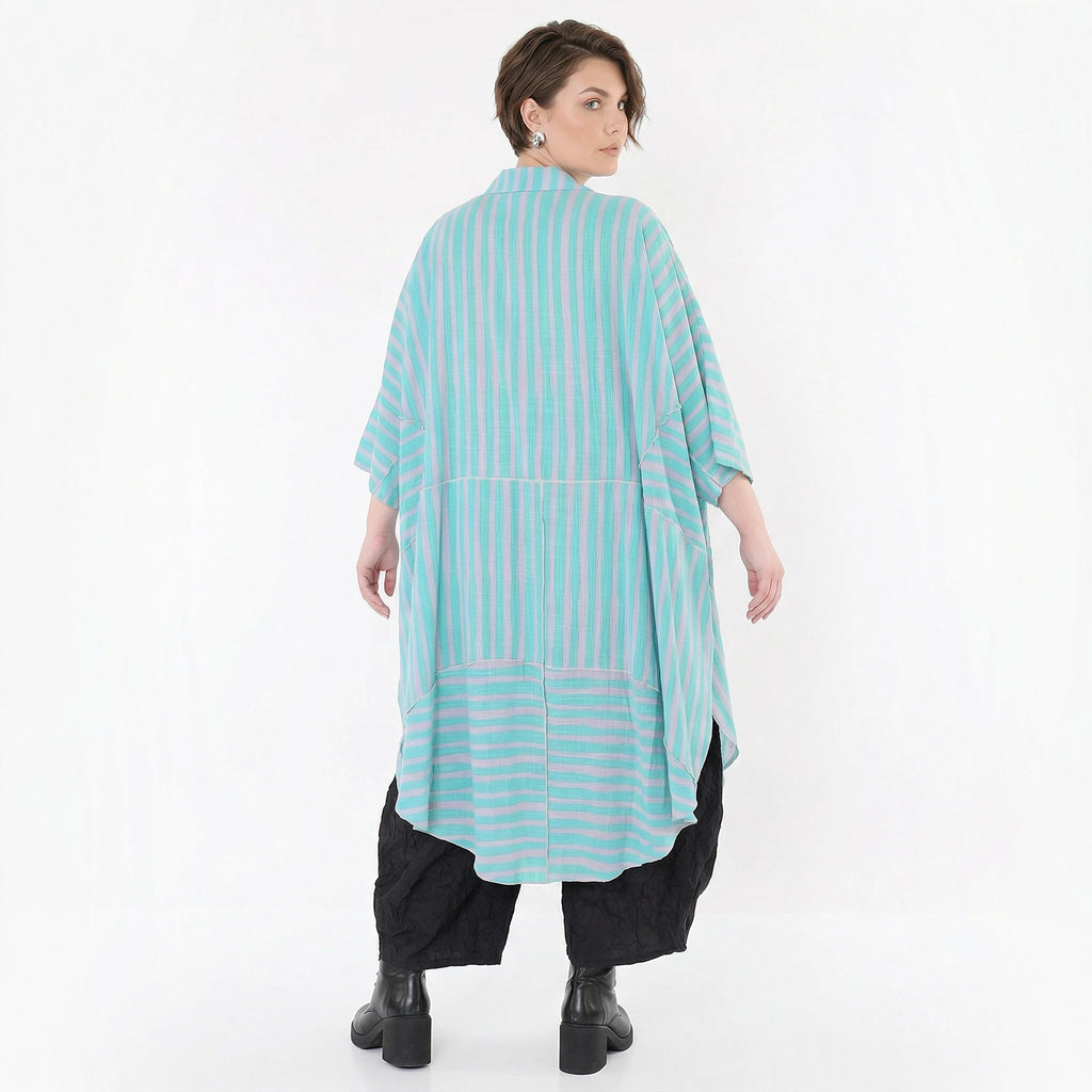 Luftig-leichter Oversize Mantel im Lagenlook mit ausgefallener Blockstreifen-Optik, Grün/Flieder