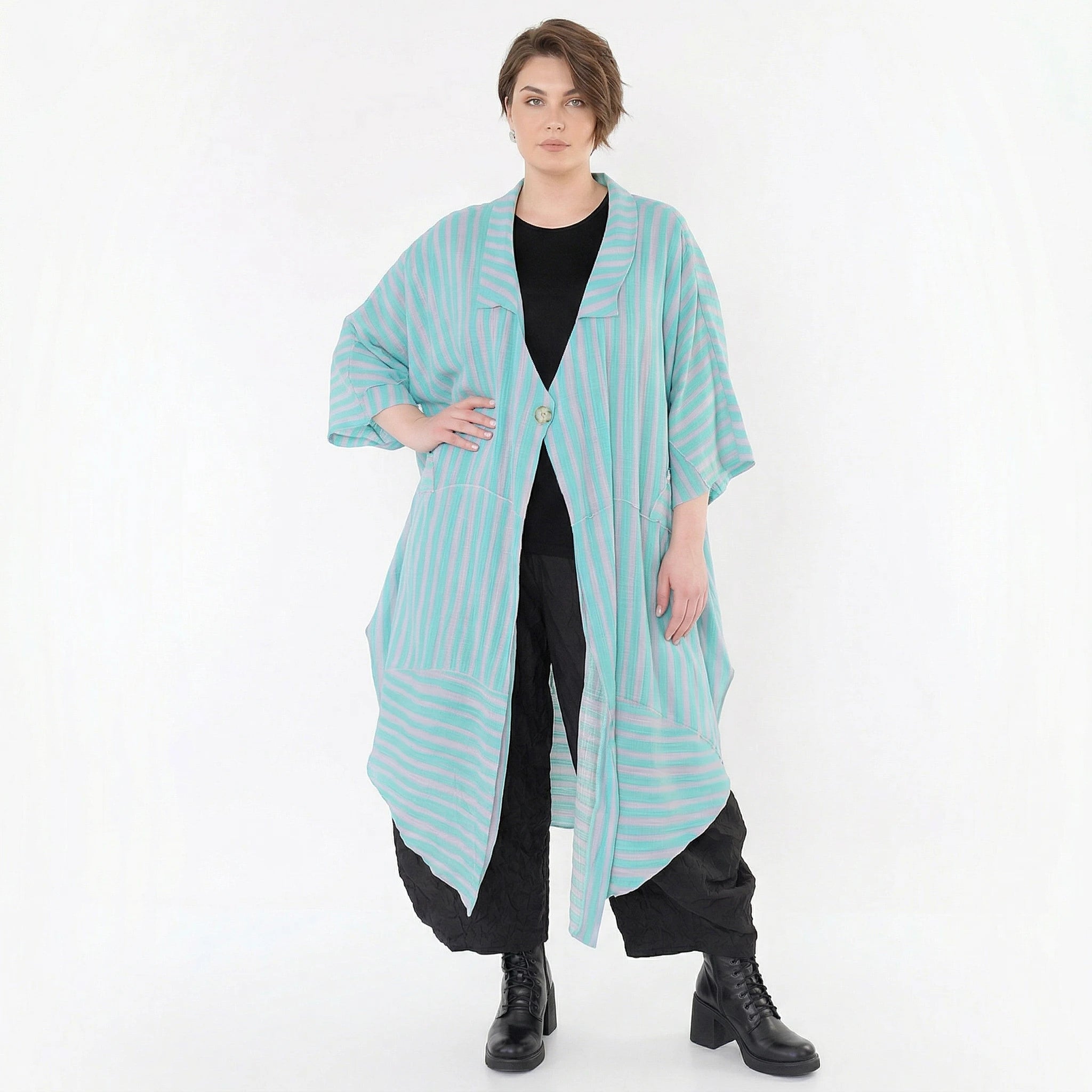 Luftig-leichter Oversize Mantel im Lagenlook mit ausgefallener Blockstreifen-Optik, Grün/Flieder