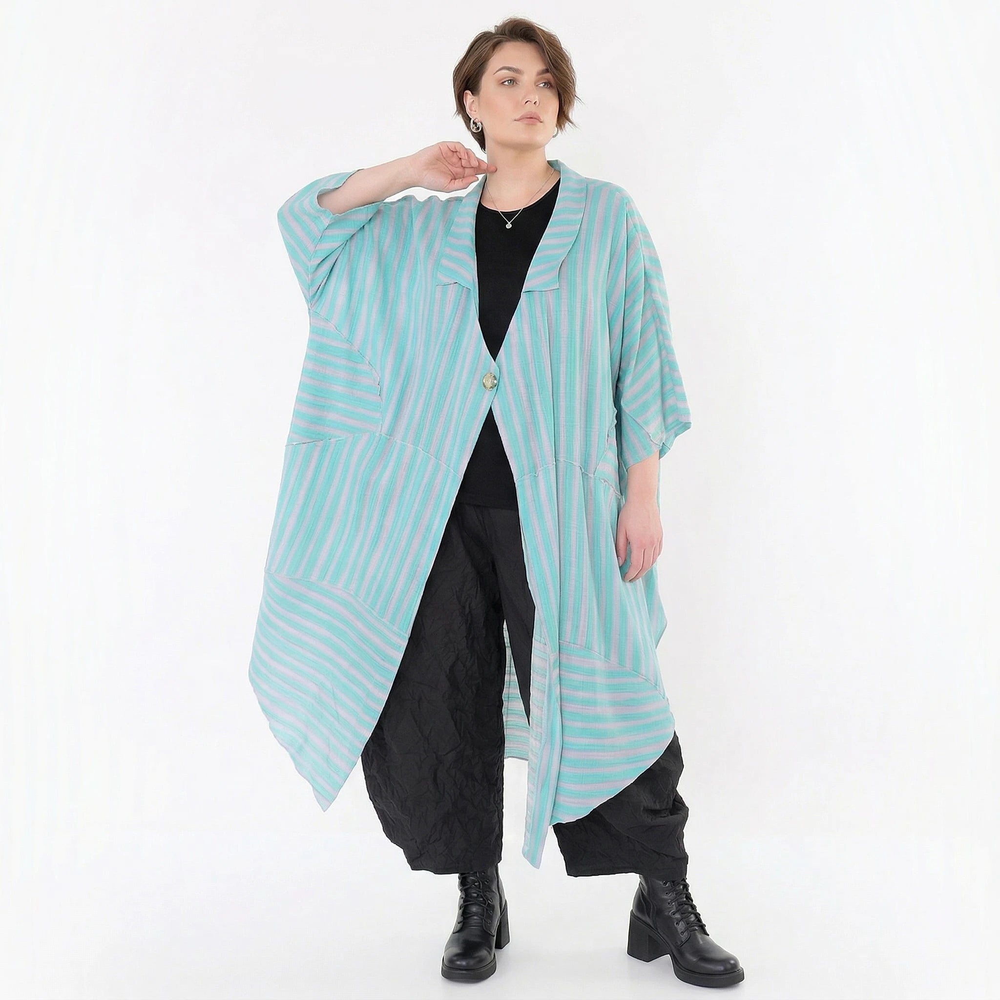 Luftig-leichter Oversize Mantel im Lagenlook mit ausgefallener Blockstreifen-Optik, Grün/Flieder