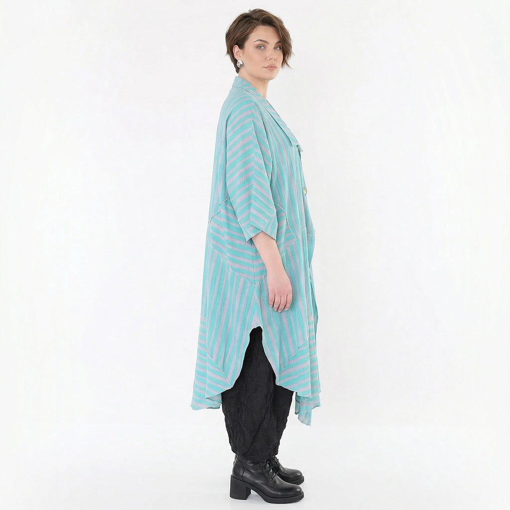 Luftig-leichter Oversize Mantel im Lagenlook mit ausgefallener Blockstreifen-Optik, Grün/Flieder
