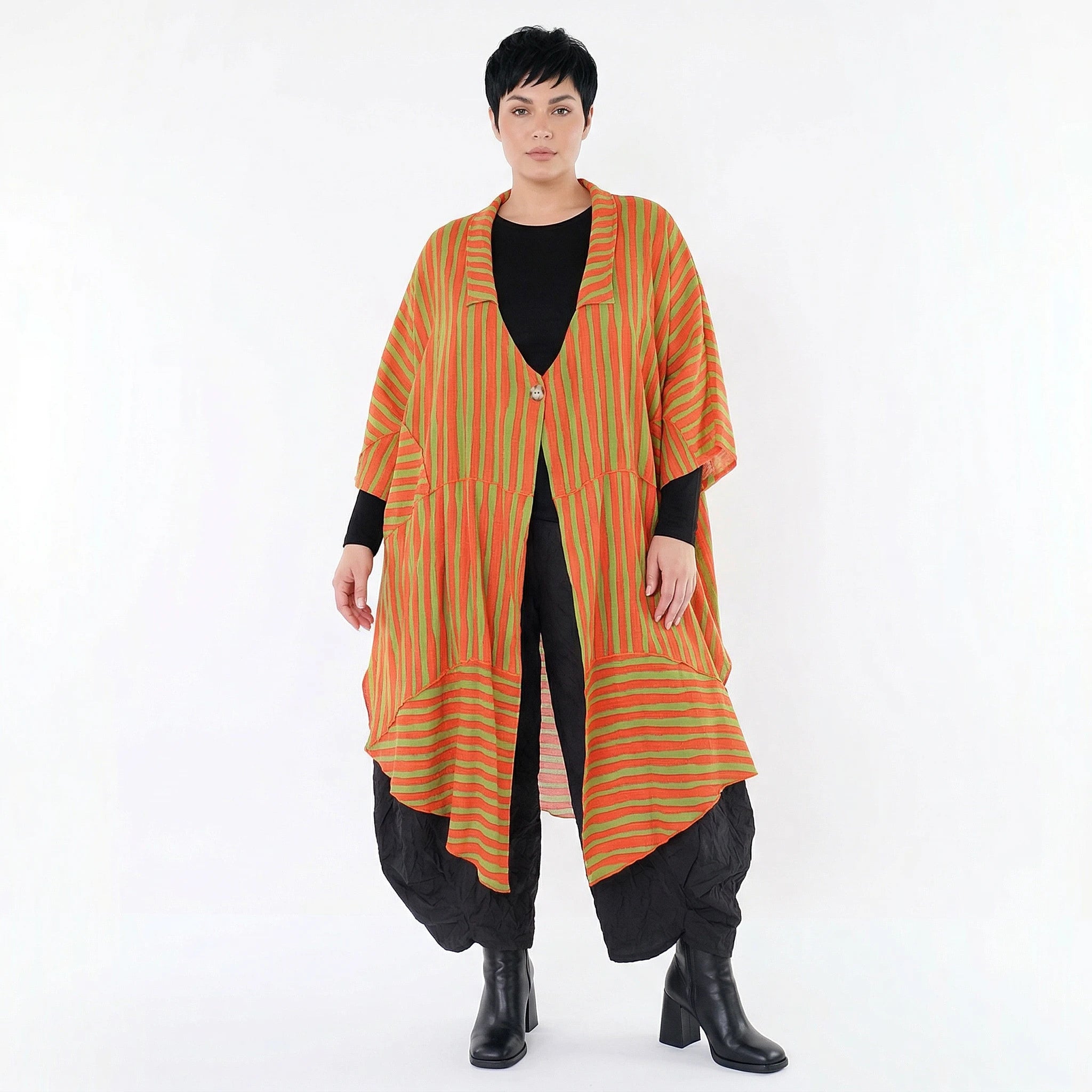 Luftiger Oversize Mantel in stilvoller A-Form sorgt mit Blockstreifen für einen ausgefallenen Lagenlook, Orange/Apfelgrün