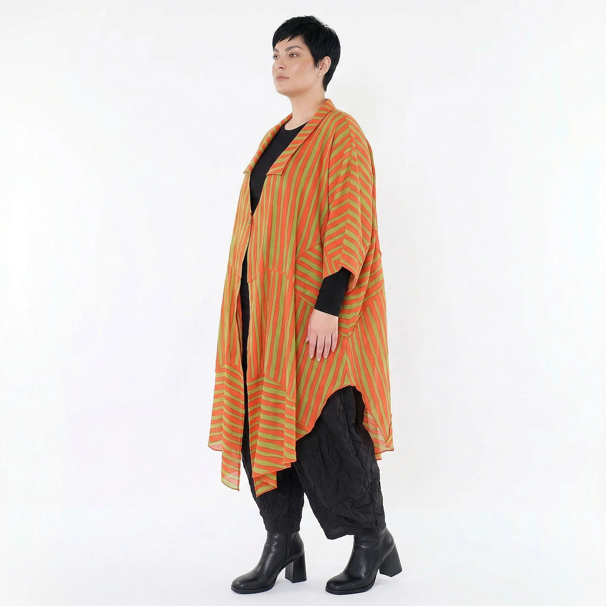 Luftiger Oversize Mantel in stilvoller A-Form sorgt mit Blockstreifen für einen ausgefallenen Lagenlook, Orange/Apfelgrün