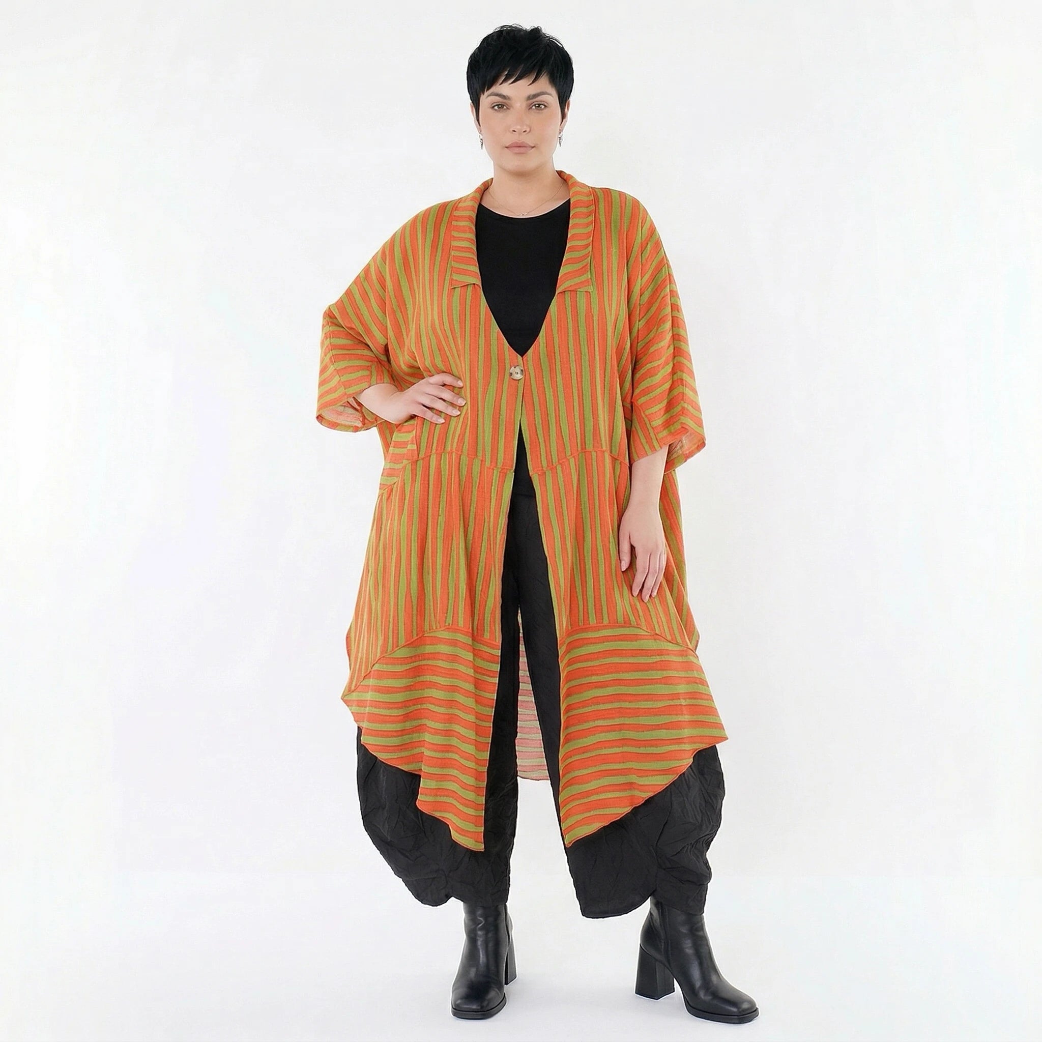 Luftiger Oversize Mantel in stilvoller A-Form sorgt mit Blockstreifen für einen ausgefallenen Lagenlook, Orange/Apfelgrün