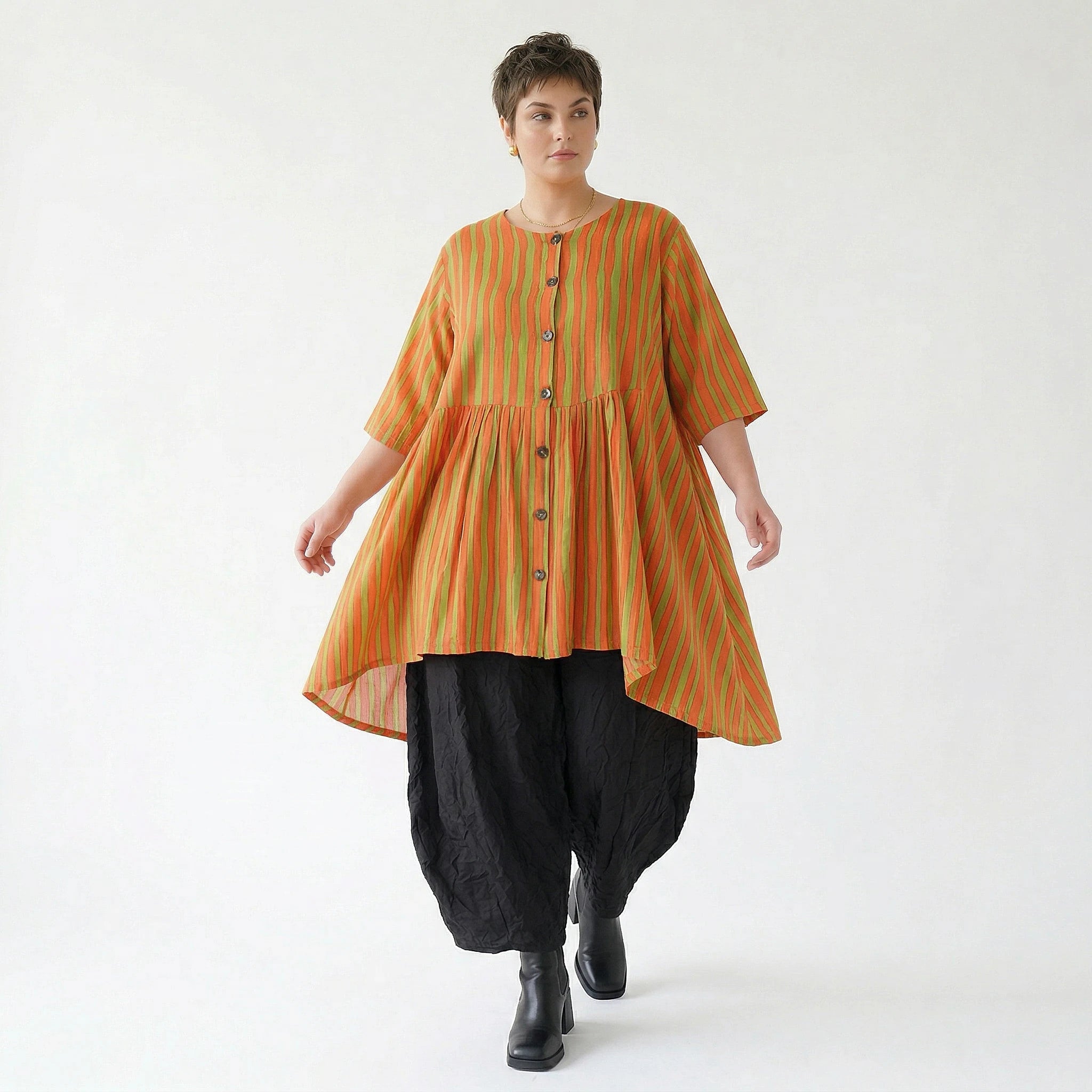 Stilvolle A-Form Bluse im Lagenlook mit luftigem Leinen Feeling und ausgefallenem Blockstreifen, Orange/Apfelgrün