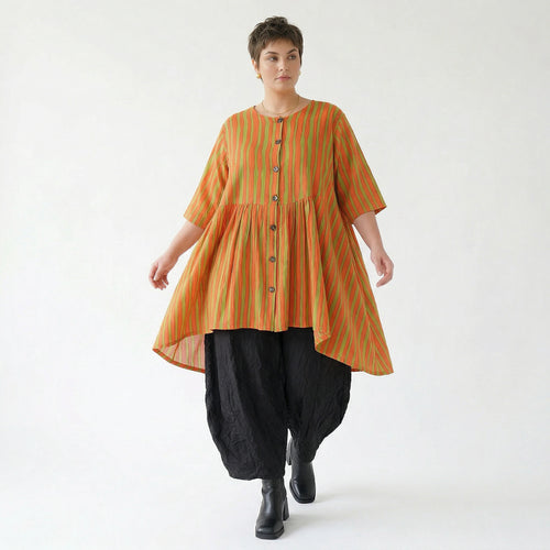 Stilvolle A-Form Bluse im Lagenlook mit luftigem Leinen Feeling und ausgefallenem Blockstreifen, Orange/Apfelgrün