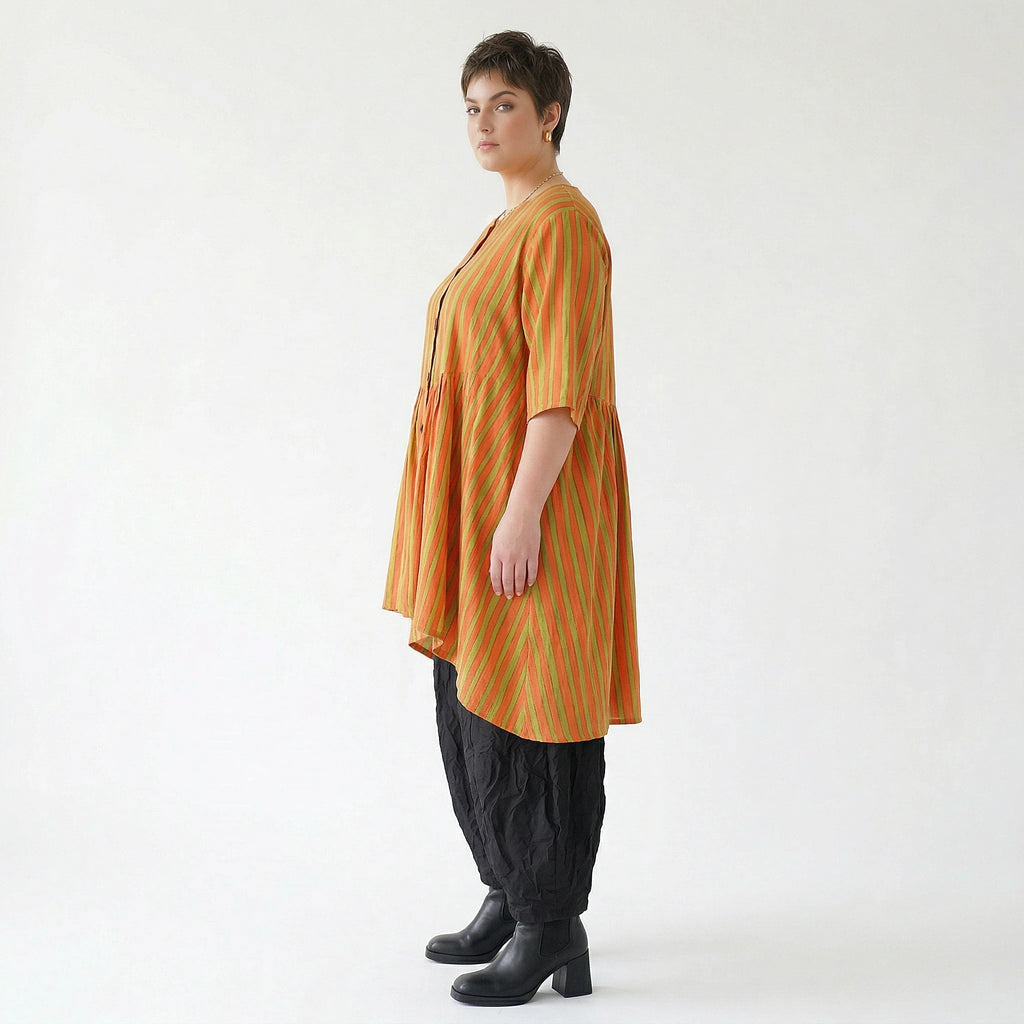 Stilvolle A-Form Bluse im Lagenlook mit luftigem Leinen Feeling und ausgefallenem Blockstreifen, Orange/Apfelgrün