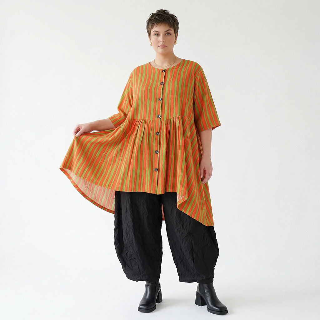 Stilvolle A-Form Bluse im Lagenlook mit luftigem Leinen Feeling und ausgefallenem Blockstreifen, Orange/Apfelgrün