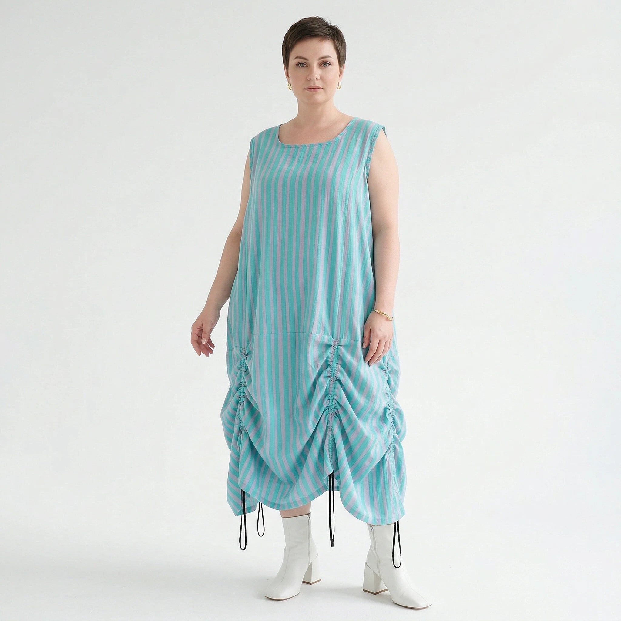 Luftig zeitloses Ballon Kleid aus Baumwolle und Viskose im Lagenlook mit Tunnelzug, Grün/Flieder