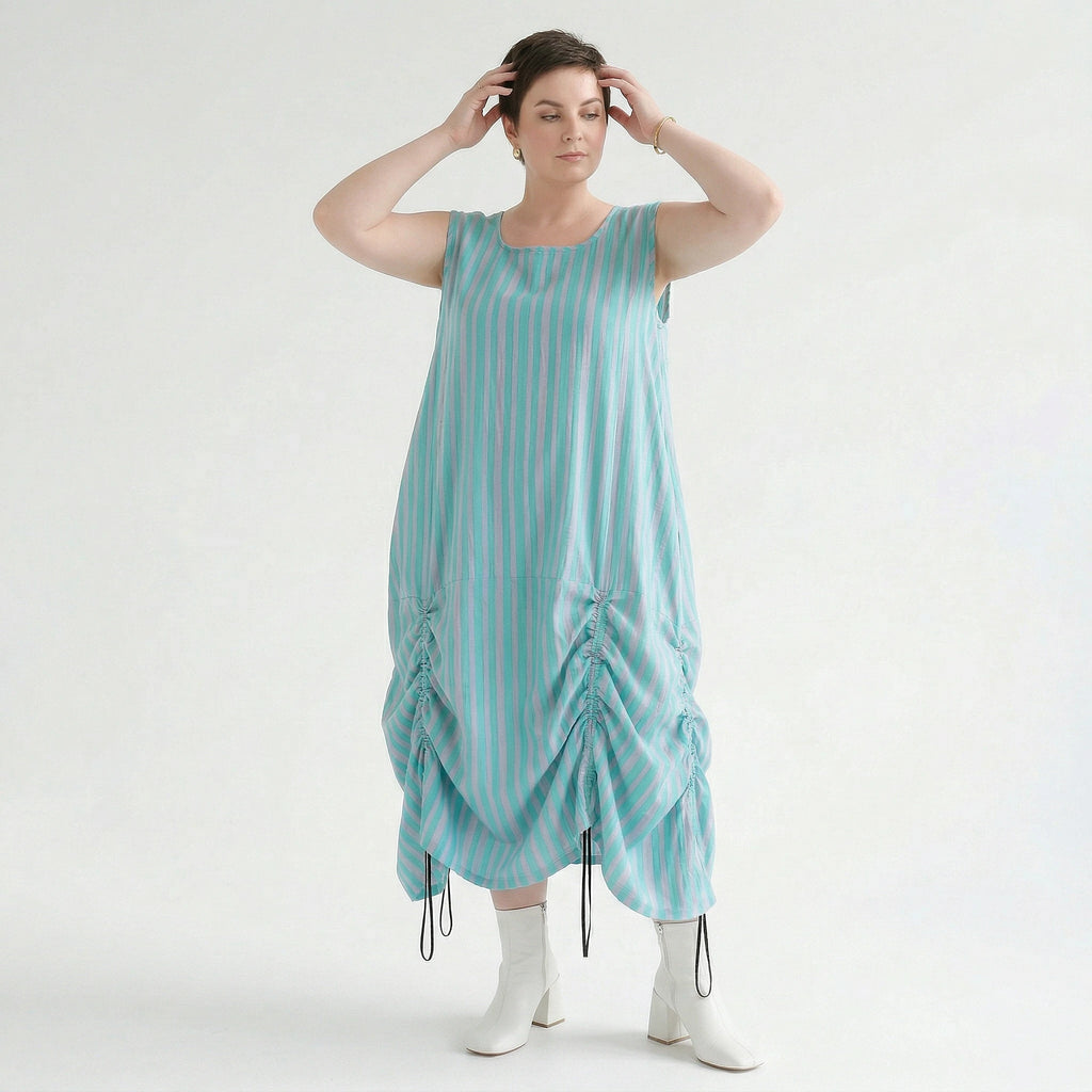 Luftig zeitloses Ballon Kleid aus Baumwolle und Viskose im Lagenlook mit Tunnelzug, Grün/Flieder