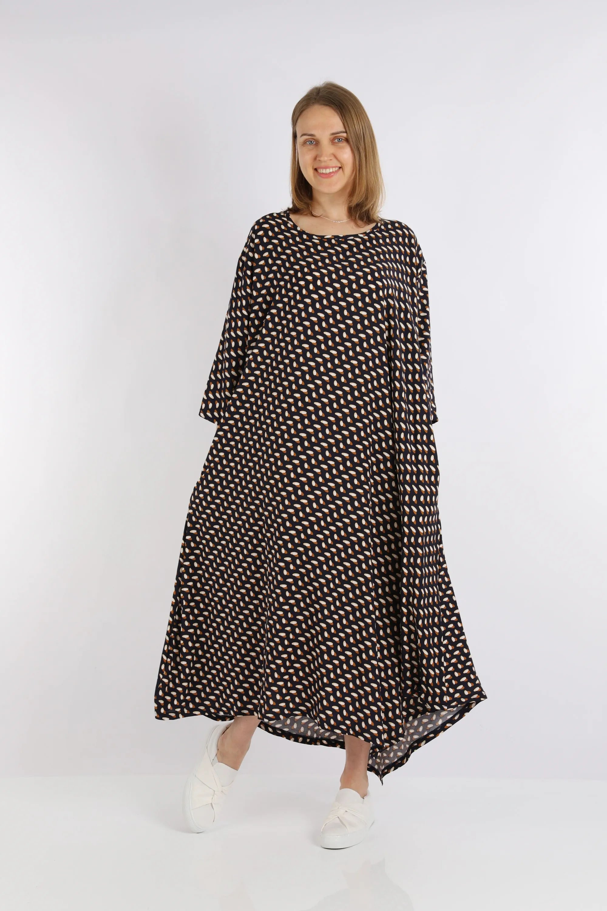  A-Form Kleid von AKH Fashion aus Viskose, 1244.01927, Marineblau-Cognac, Punkte, Schick
