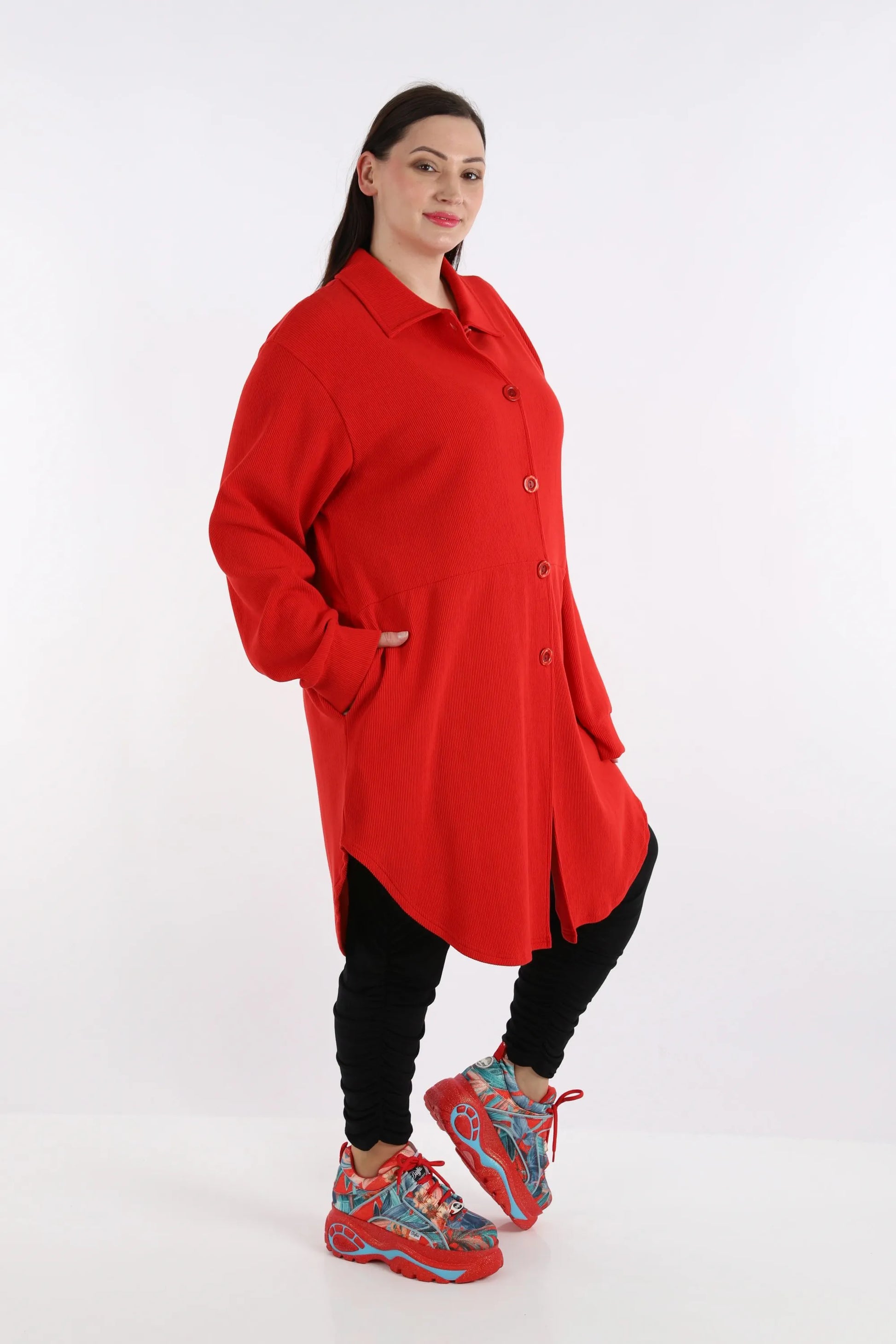  Elegante Lagenlook Bluse in Rot aus hochwertiger Baumwolle mit bequemen Oversize-Schnitt und Taschen