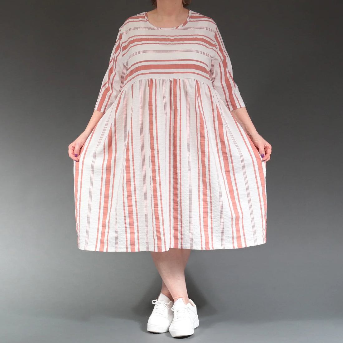  Ballonkleid von AKH Fashion aus Baumwolle, 1262.06698, Weiß-Apricot, Streifen, Ausgefallen