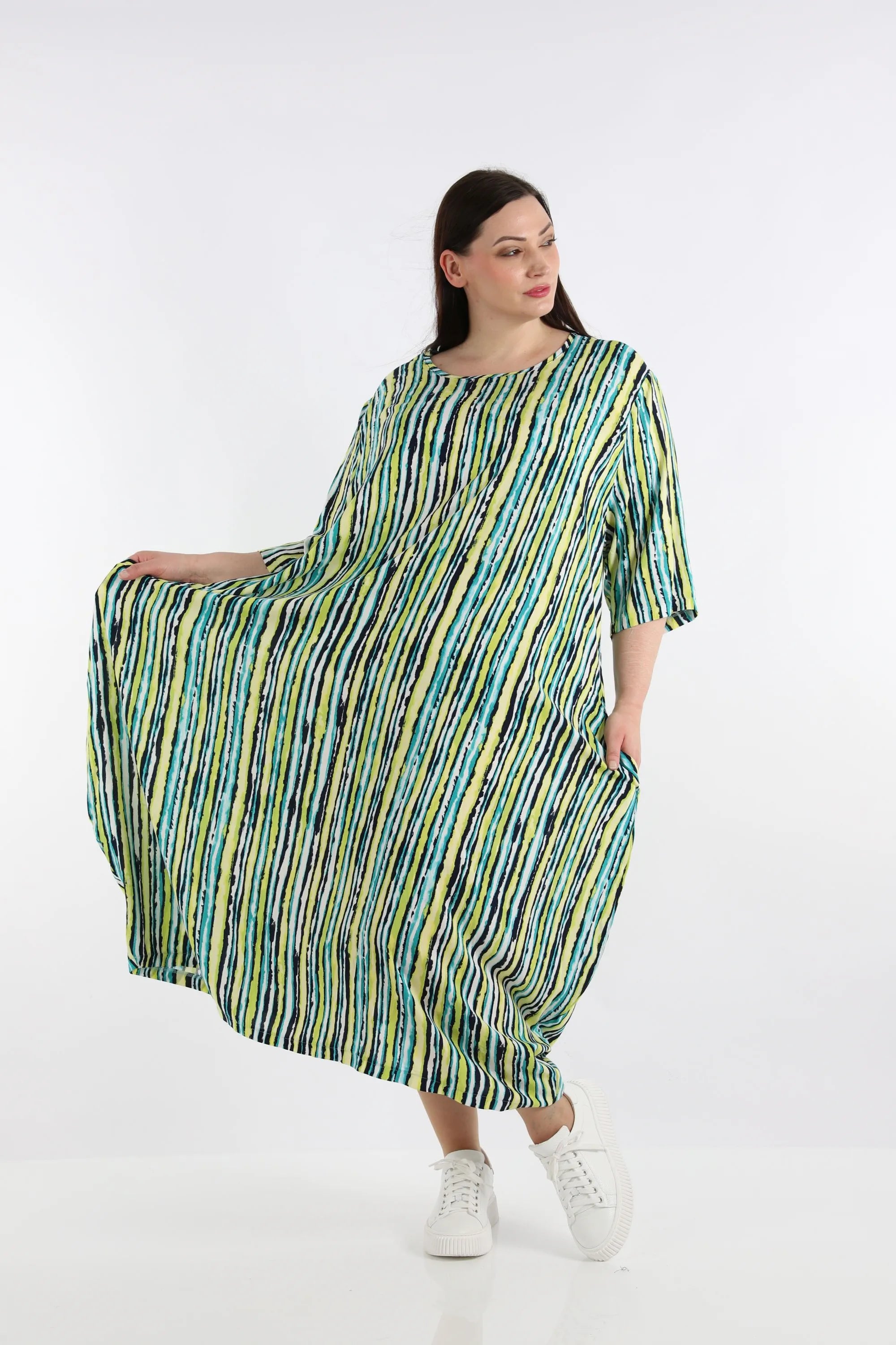  Ballonkleid von AKH Fashion aus Viskose, 1281.01926, Grün-Blau-Weiß, Streifen, Schick