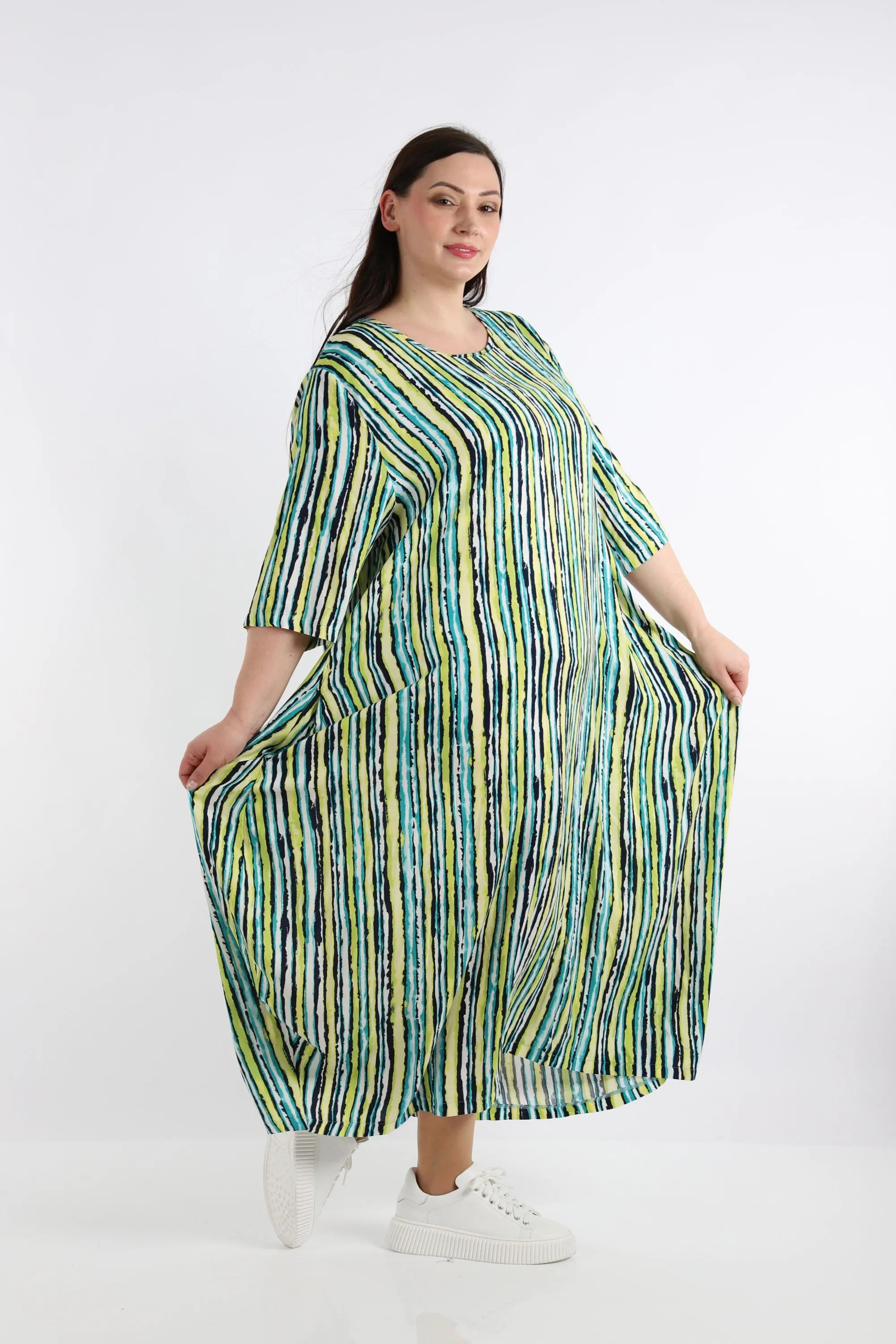  Ballonkleid von AKH Fashion aus Viskose, 1281.01926, Grün-Blau-Weiß, Streifen, Schick