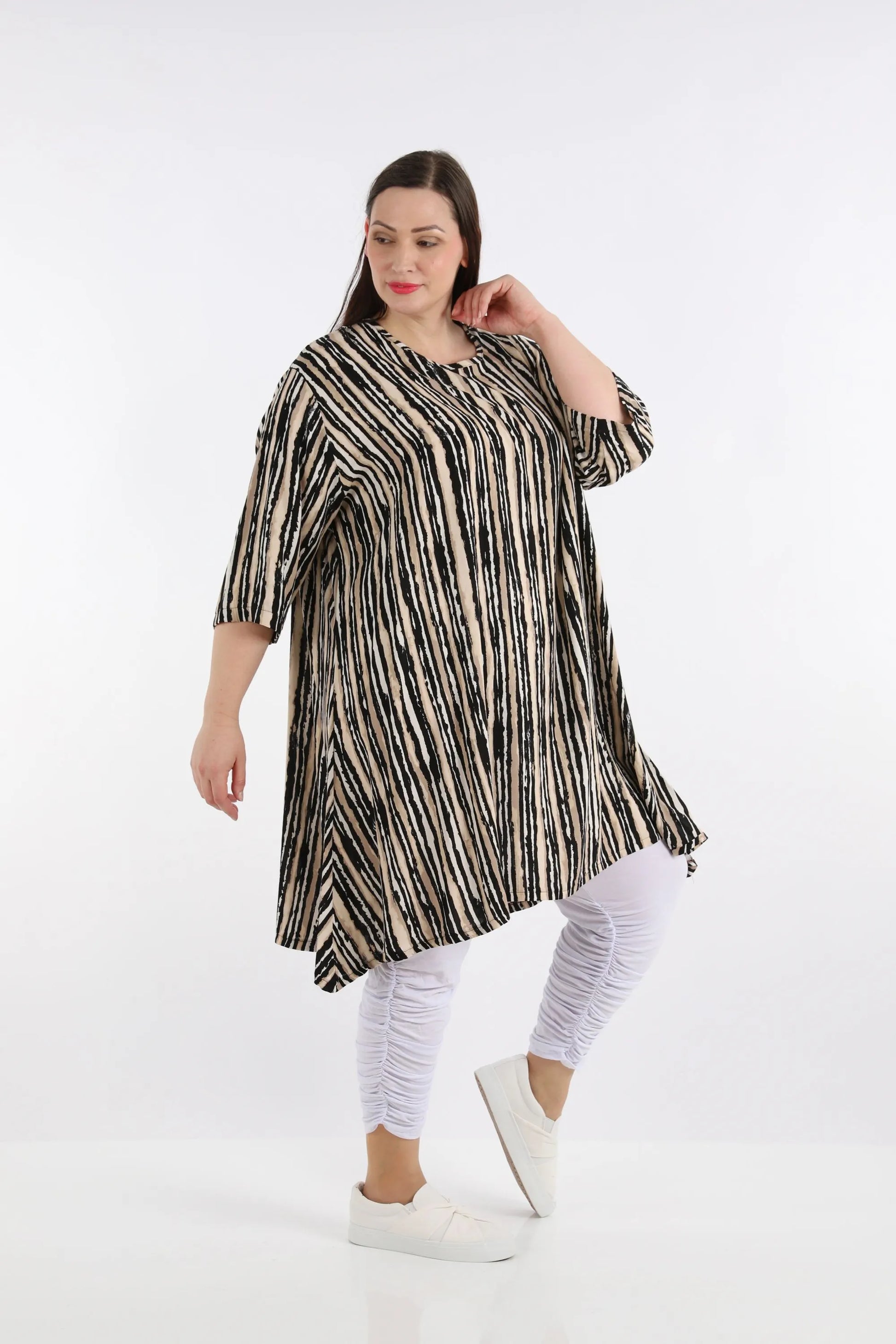  Trendiges A-Form Shirt in eleganter Streifenoptik aus leichtem, glattem Viskose-Material für Plus Size