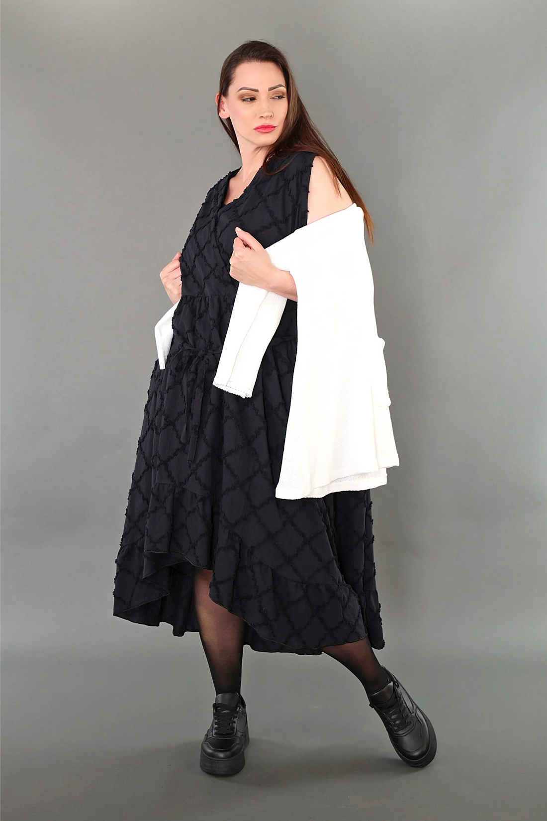  A-Form Kleid von AKH Premium aus Baumwolle, P1004.7115, Schwarz, Raute, Ausgefallen