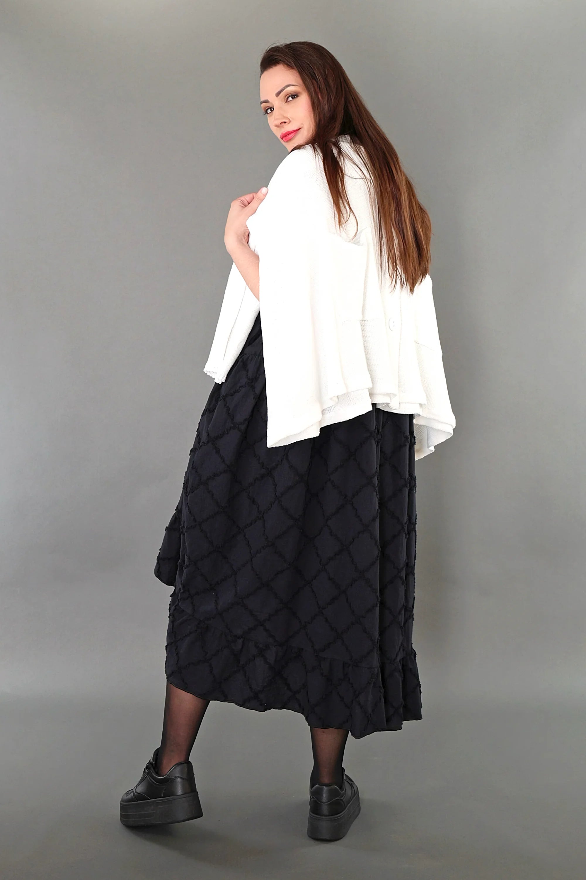  A-Form Kleid von AKH Premium aus Baumwolle, P1004.7115, Schwarz, Raute, Ausgefallen